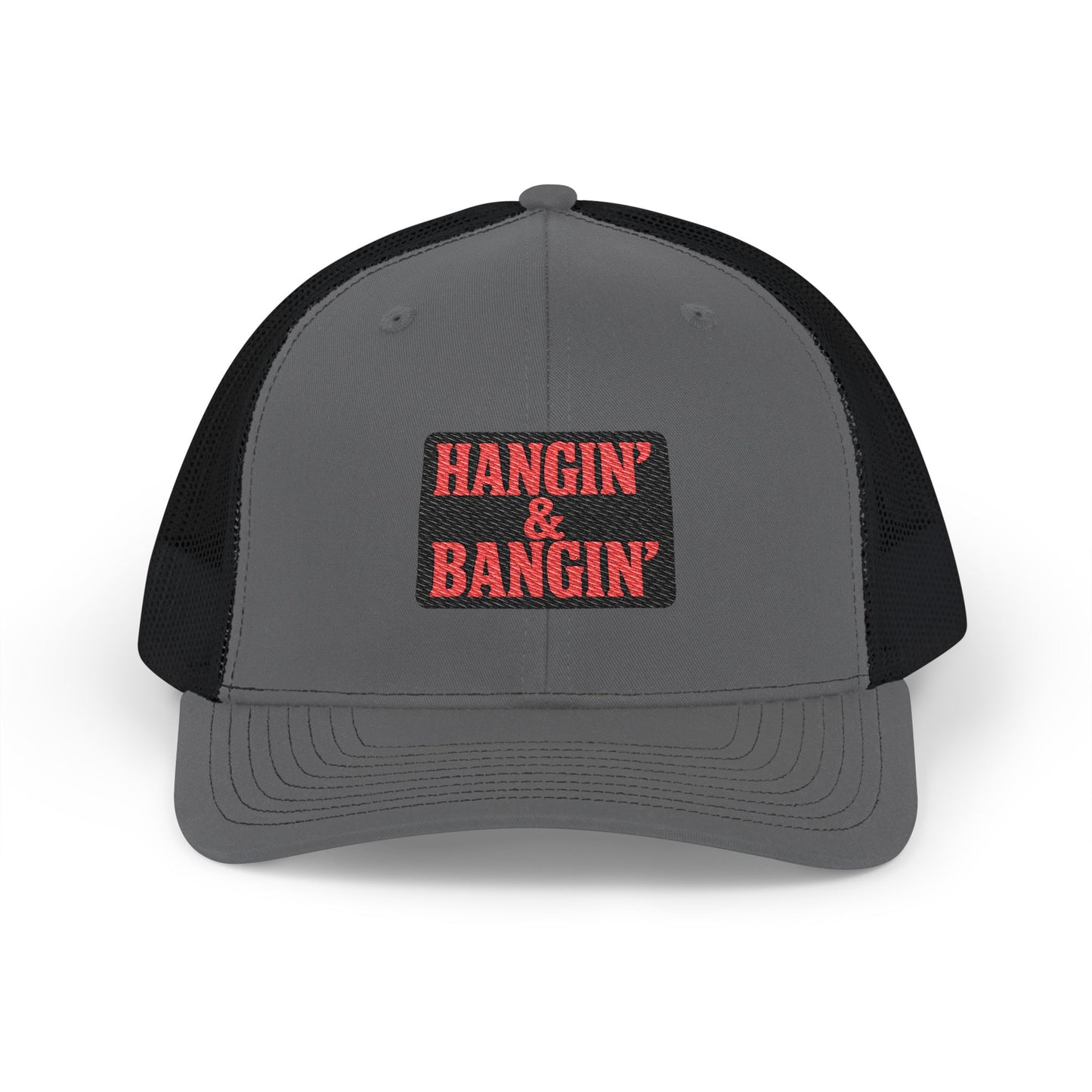 Gray and black cap with 'Hangin' & Bangin'' text on a white background