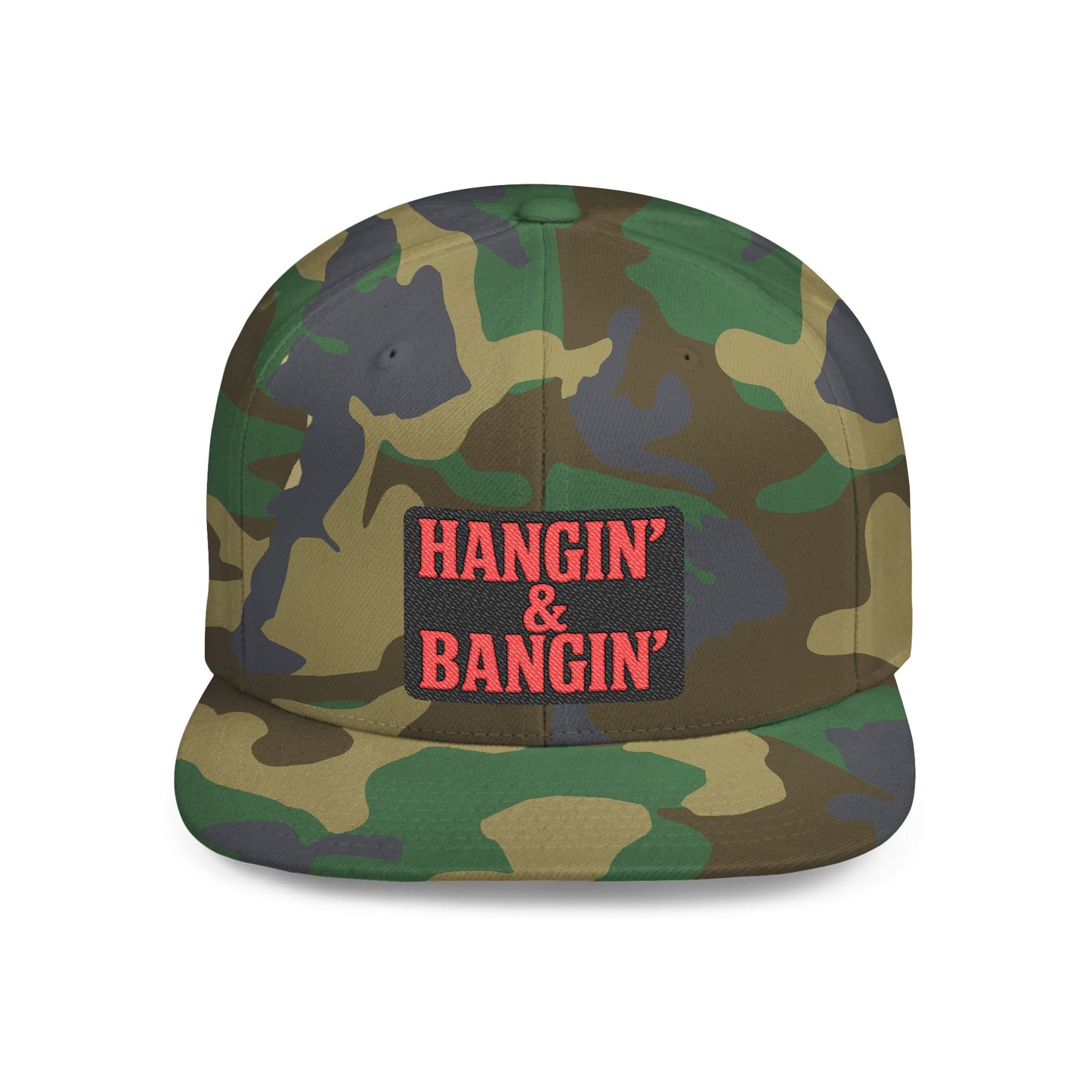 Camouflage cap with 'Hangin' & Bangin' patch on a white background