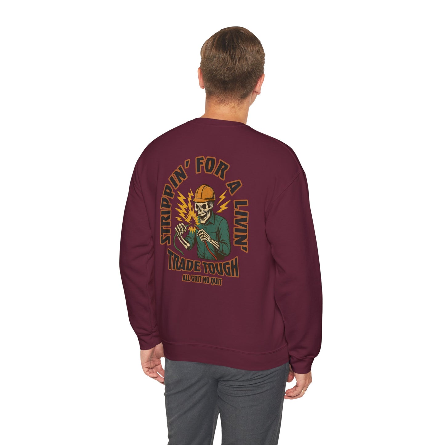Maroon sweatshirt with graphic design on the back, worn by a person on a white background