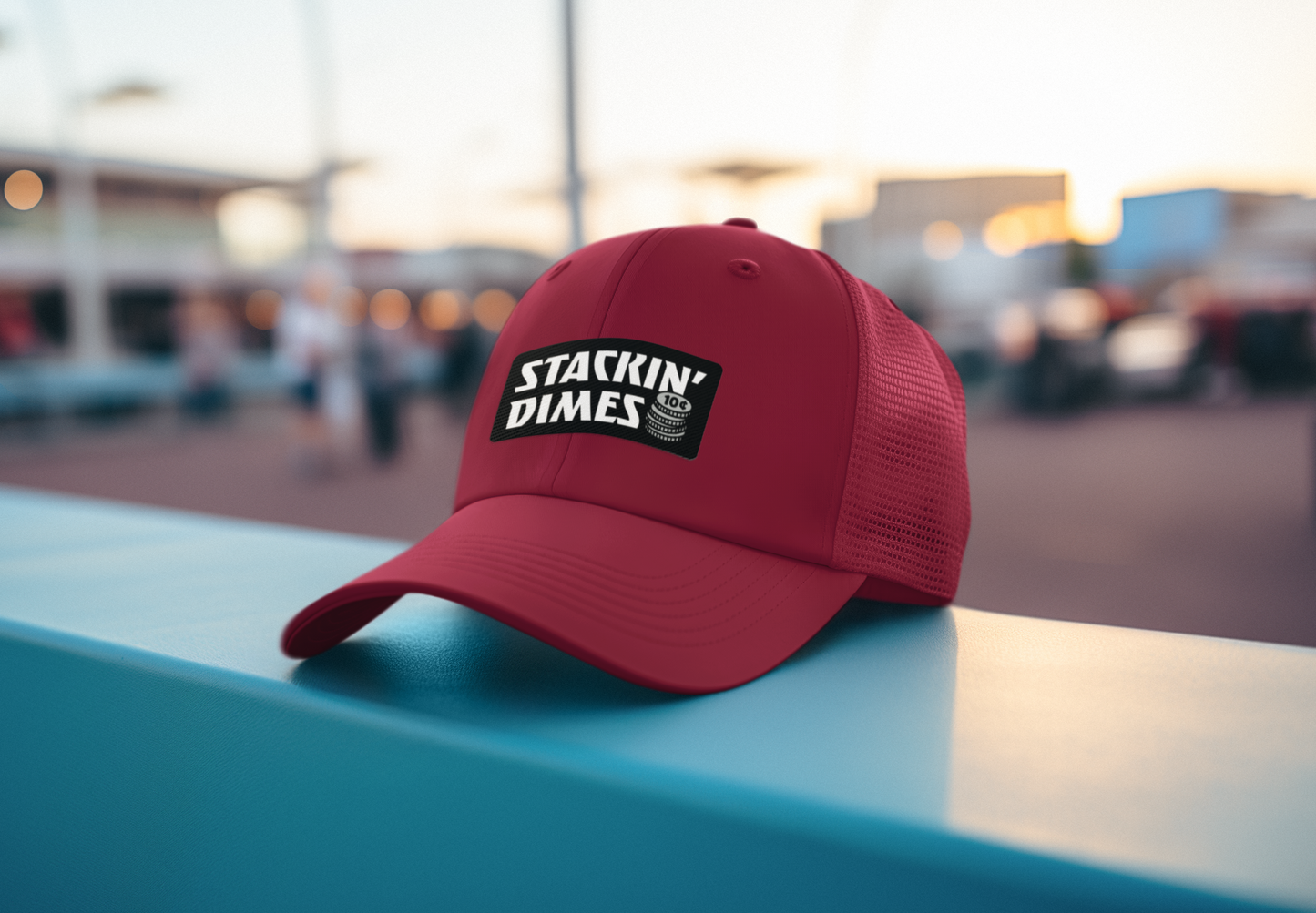 Red cap with 'Stackin' Dimes' logo on a blue surface with a blurred background