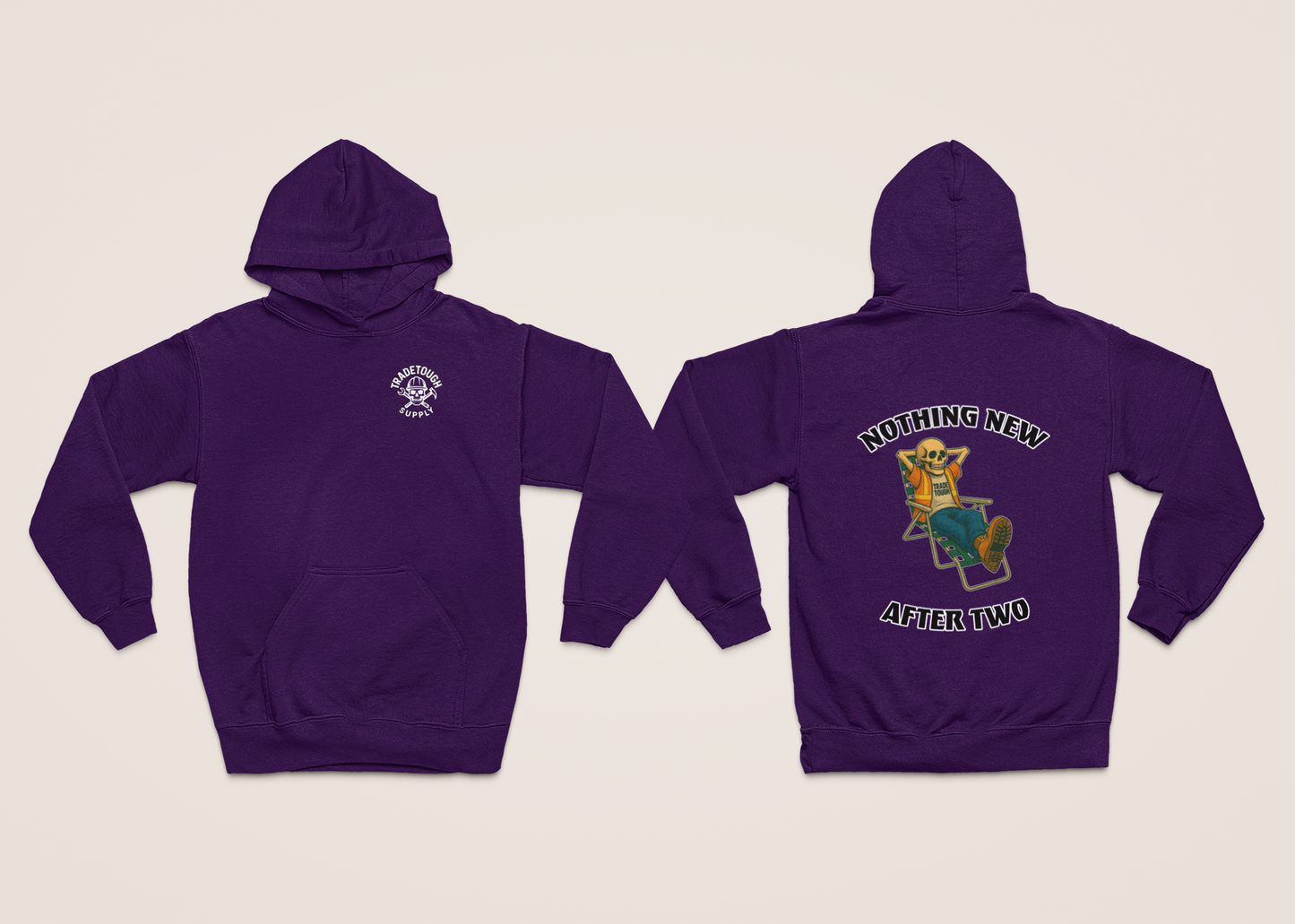 Purple hoodie with front and back designs on a beige background