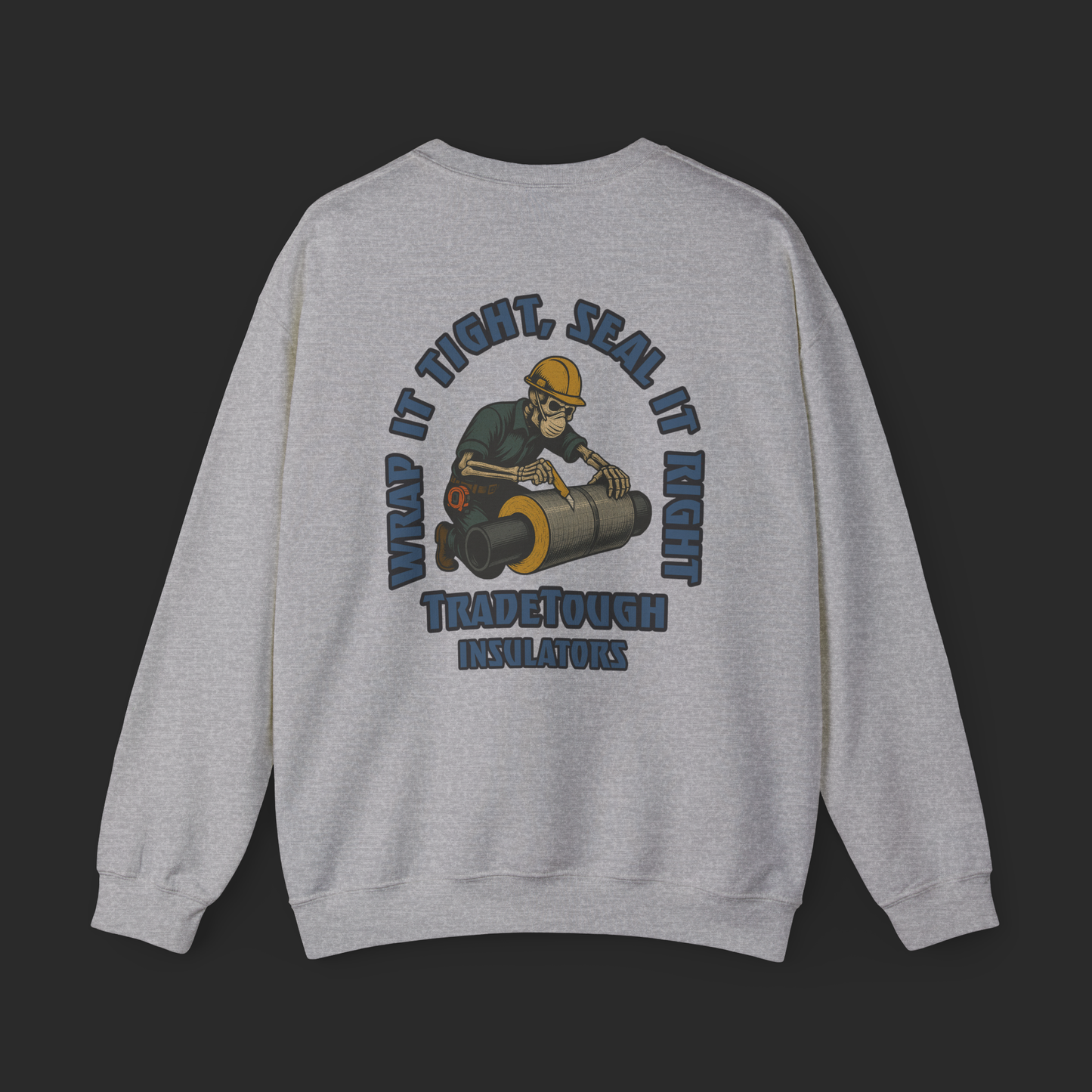 Sport Grey Insulator crewneck full back graphic with gritty skeleton wrapping insulation scene and Industrial Blue lettering.