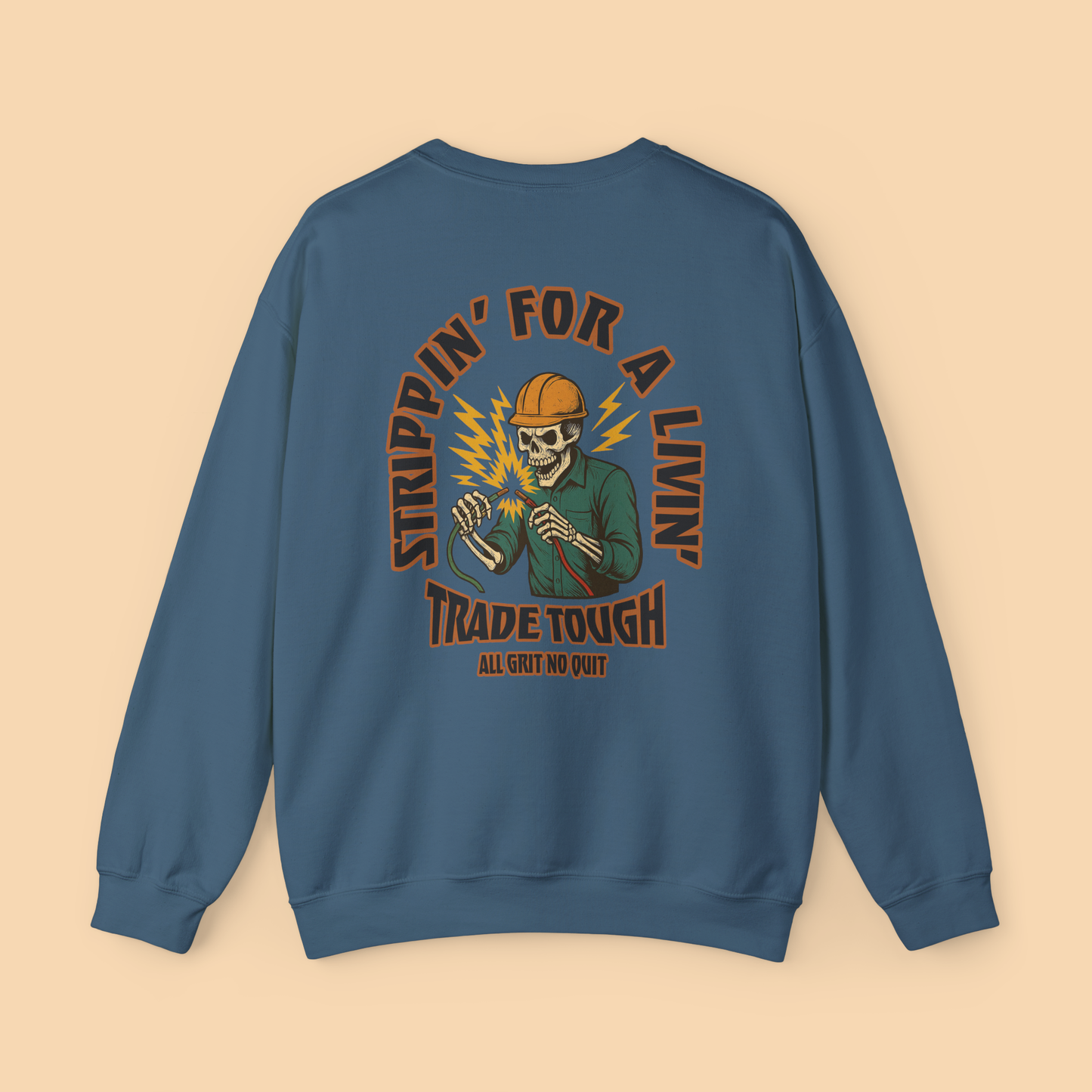 Back of indigo blue crewneck with Strippin’ for a Livin’ artwork and bold spark design