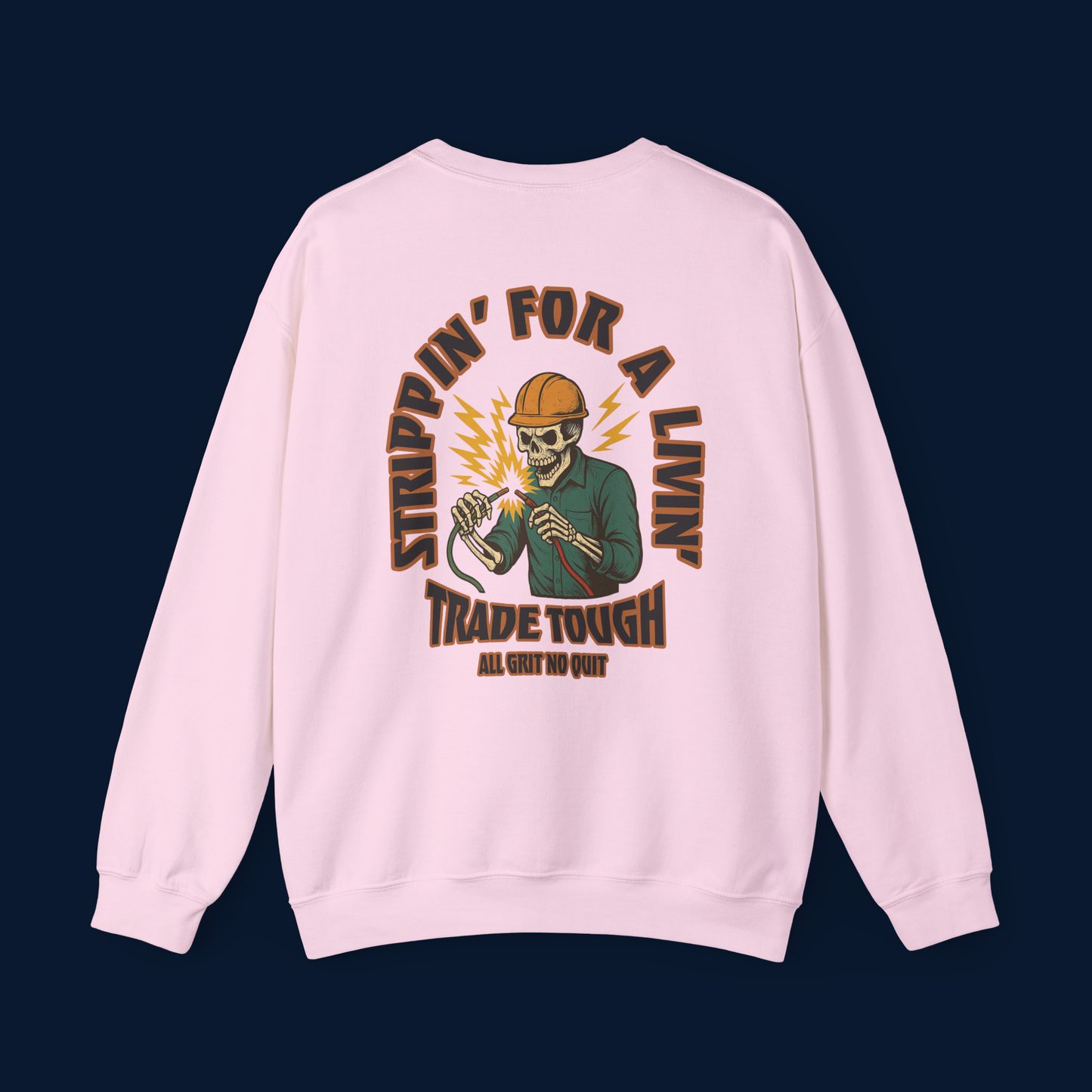 Electrician artwork printed on back of pink crewneck sweatshirt with skeleton and wires