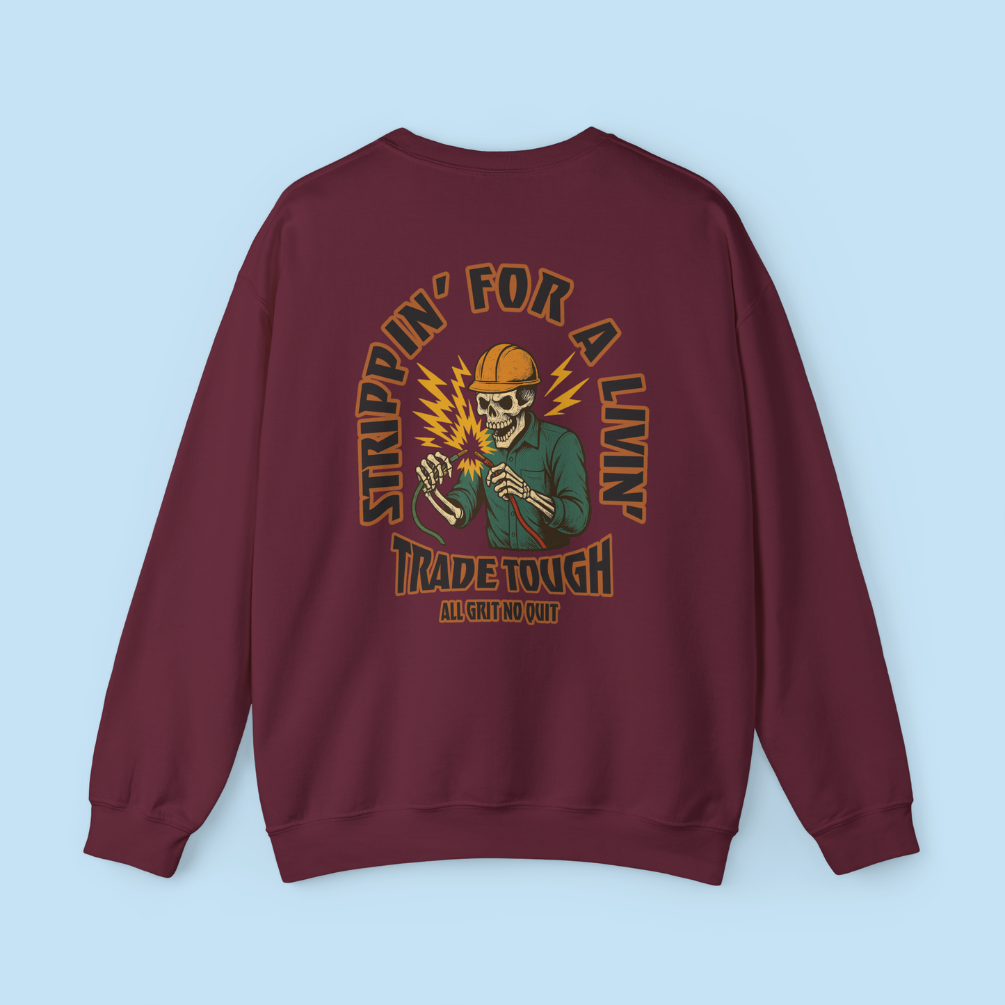 Graphic back print of skeleton mid-wire spark on maroon crewneck