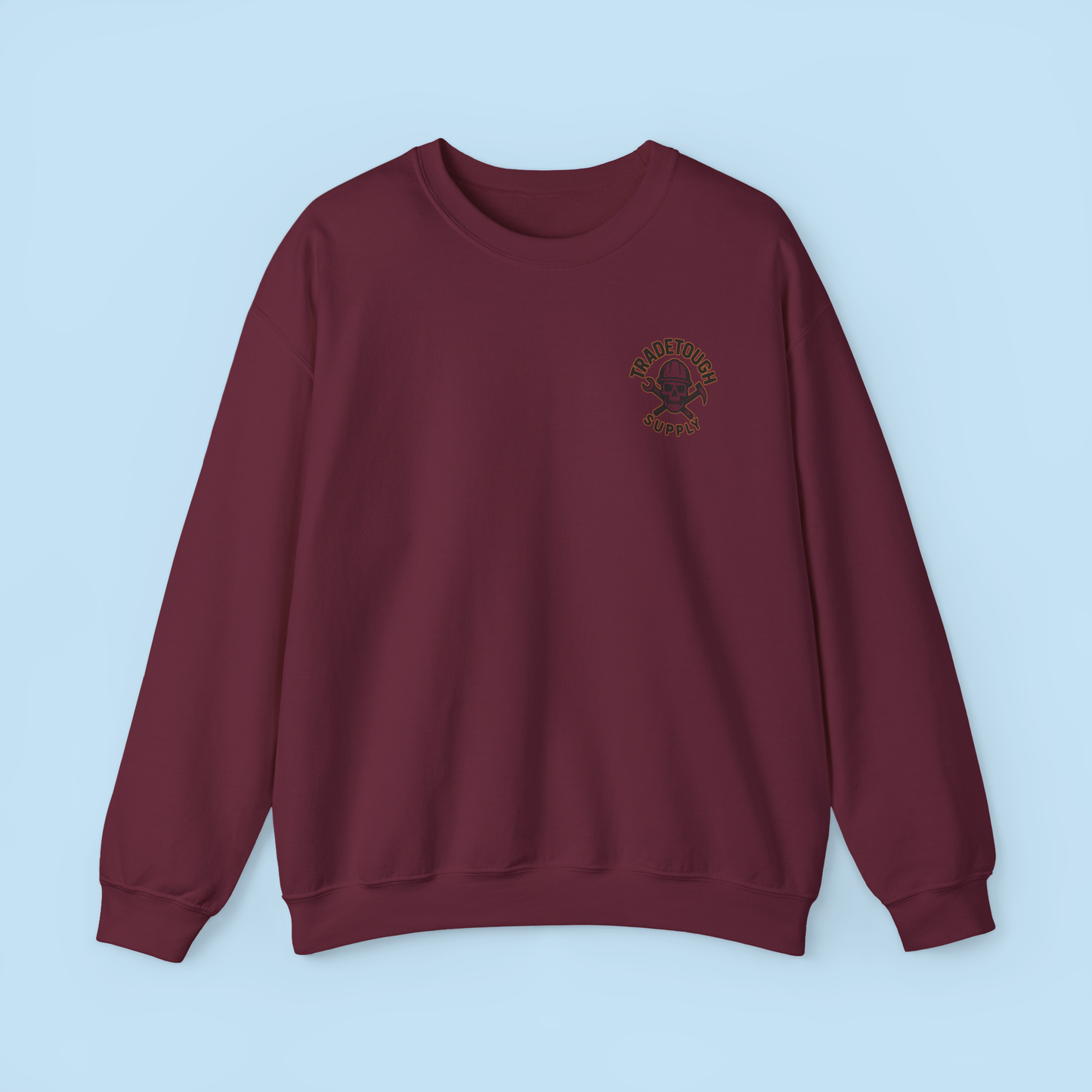 Maroon electrician crewneck featuring chest logo, laid flat