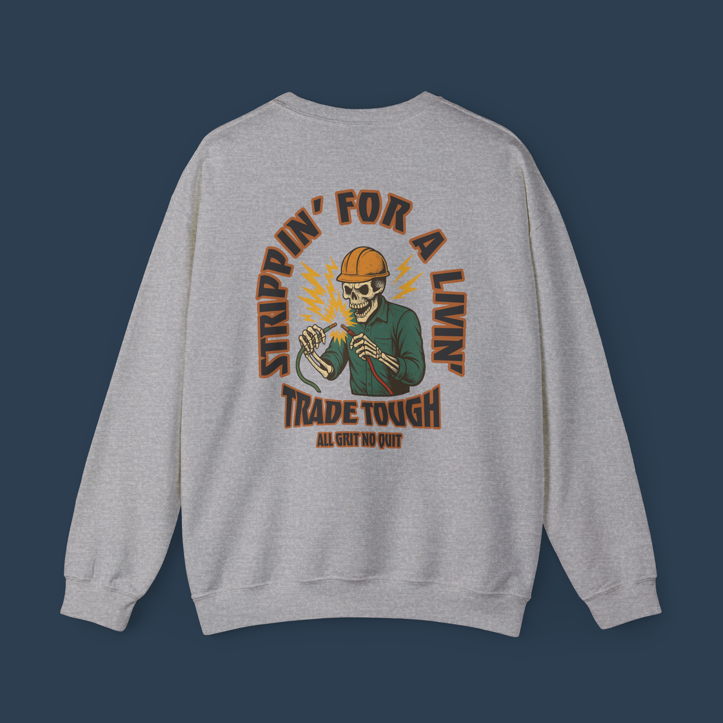Back view of sport grey crewneck showing bold skeleton electrician zap graphic