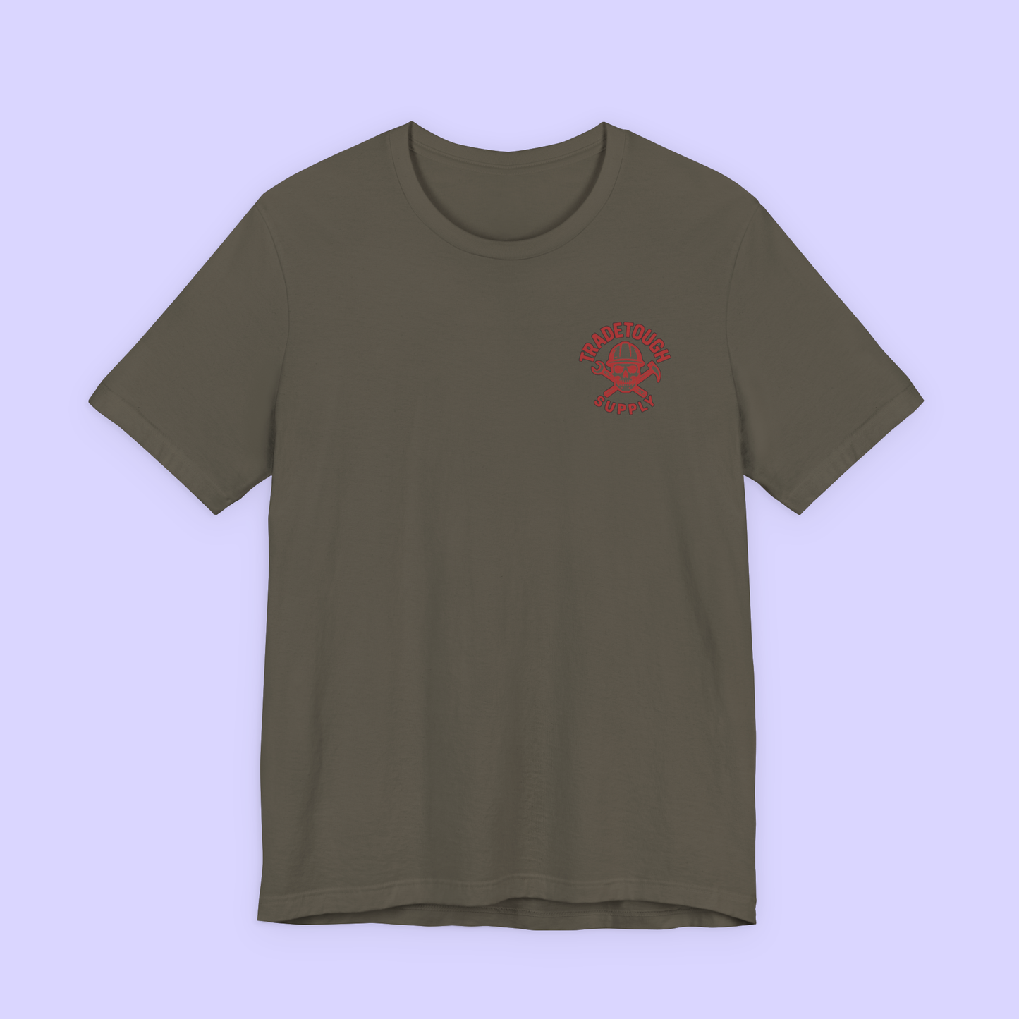 Army green tee showing front TradeTough logo in clean layout