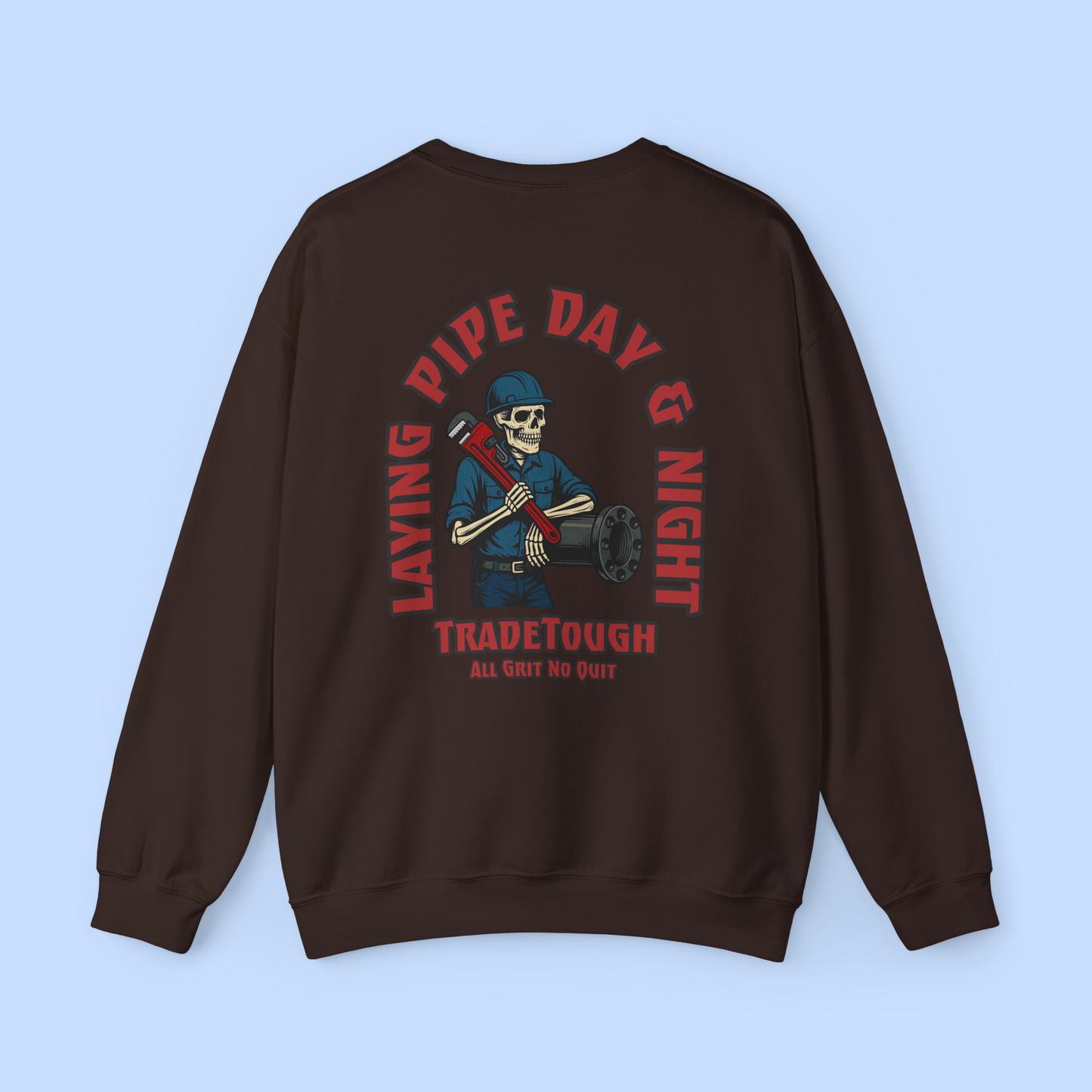 Skeleton and wrench design printed on chocolate crewneck, rugged and dark
