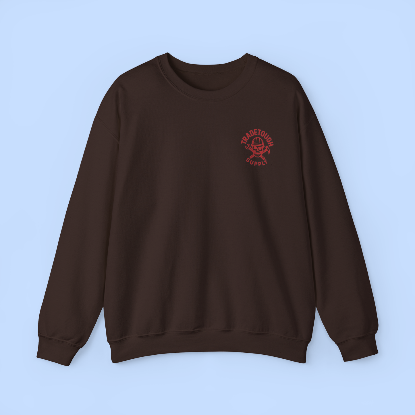 Flat lay of deep brown sweatshirt with front logo from TradeTough