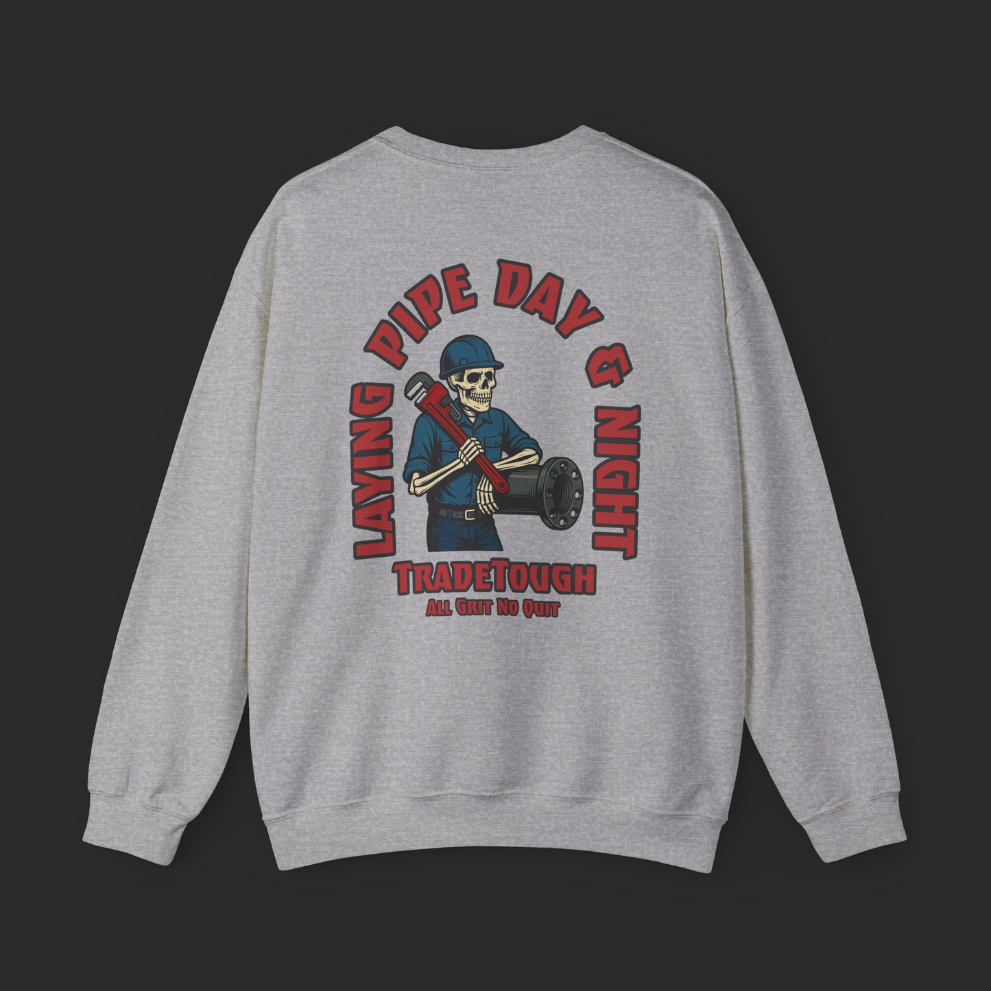 Gray sweatshirt with a graphic design on the back featuring a skeleton holding a pipe and text.