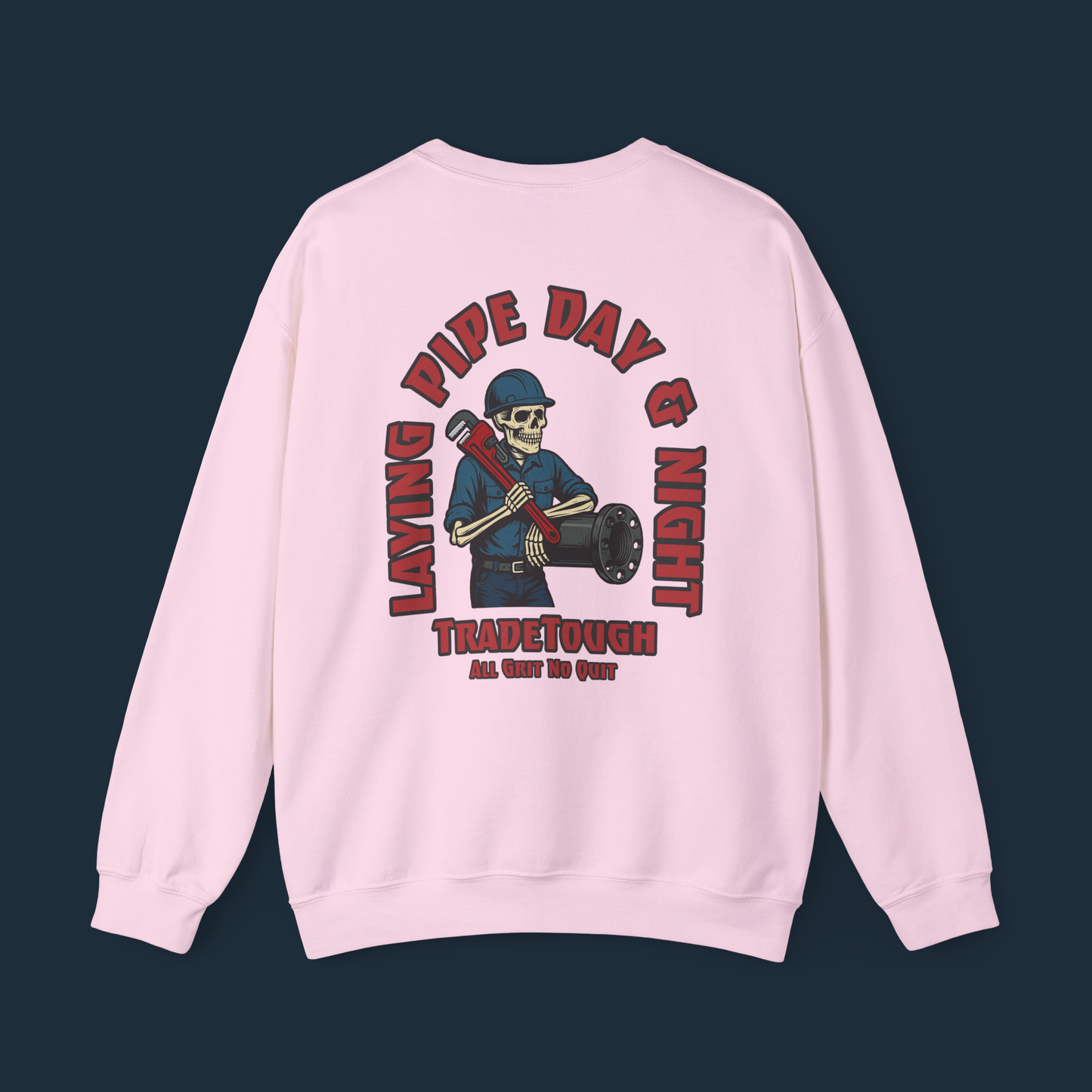 Bold pipefitter back print on light pink sweatshirt — tough meets clean