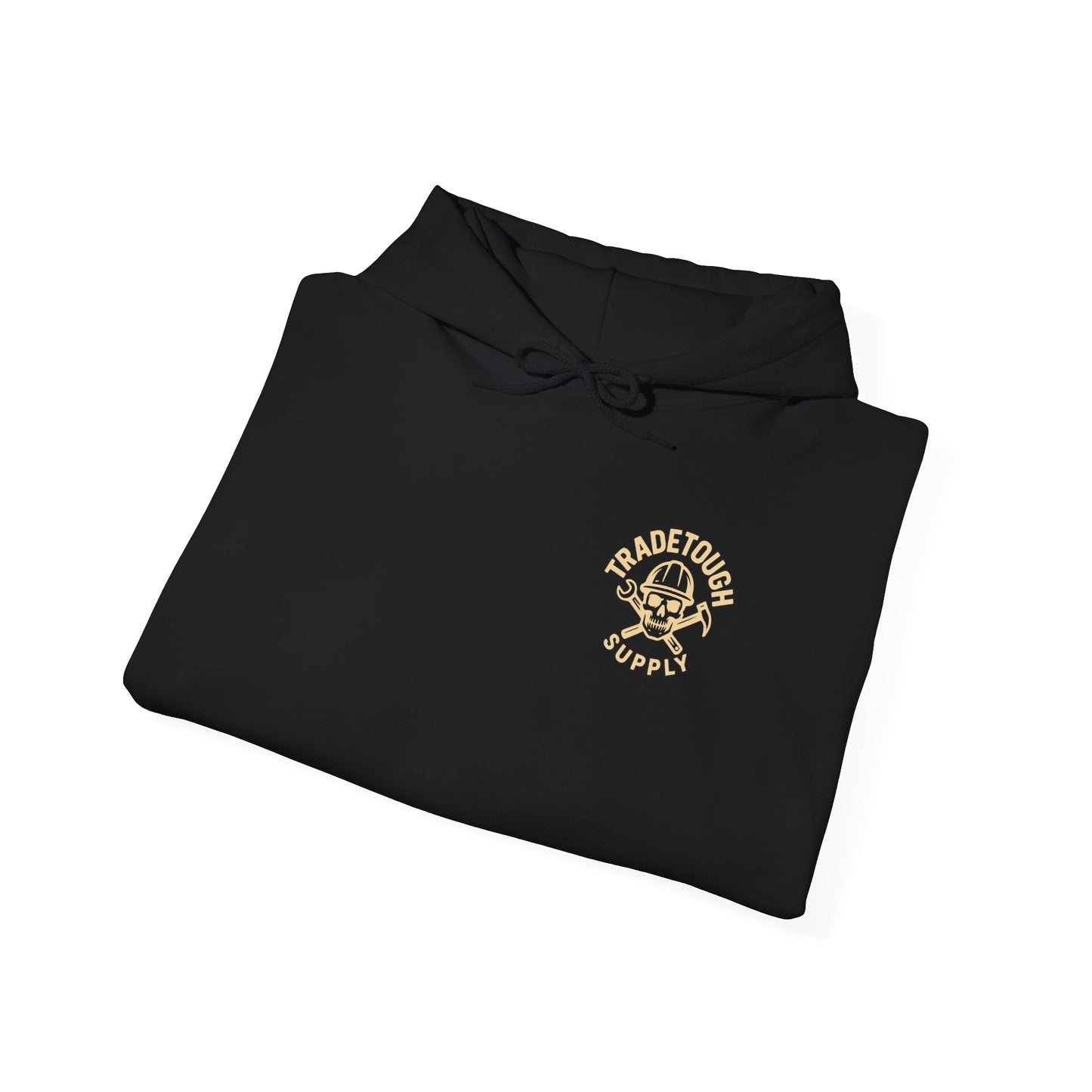 Folded black hoodie with a logo on a white background