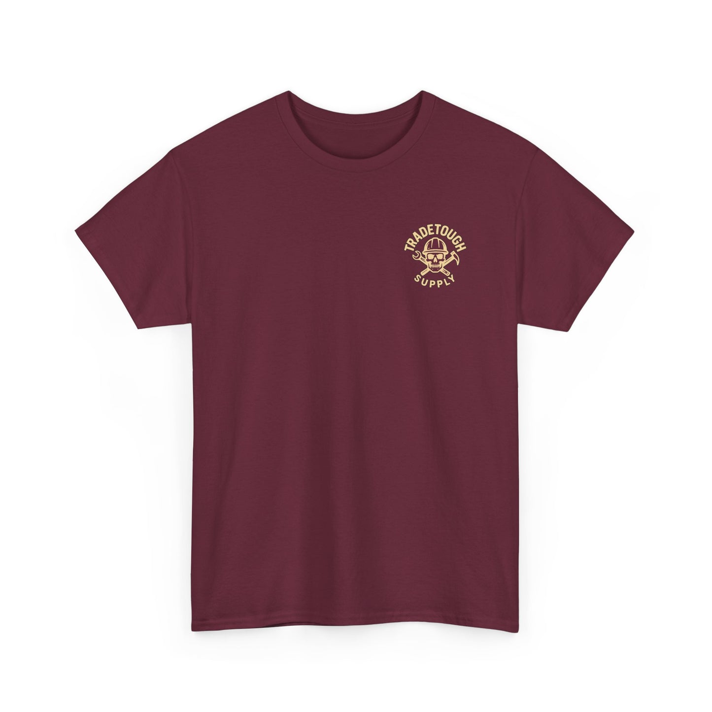 Maroon t-shirt with a logo on the chest against a white background
