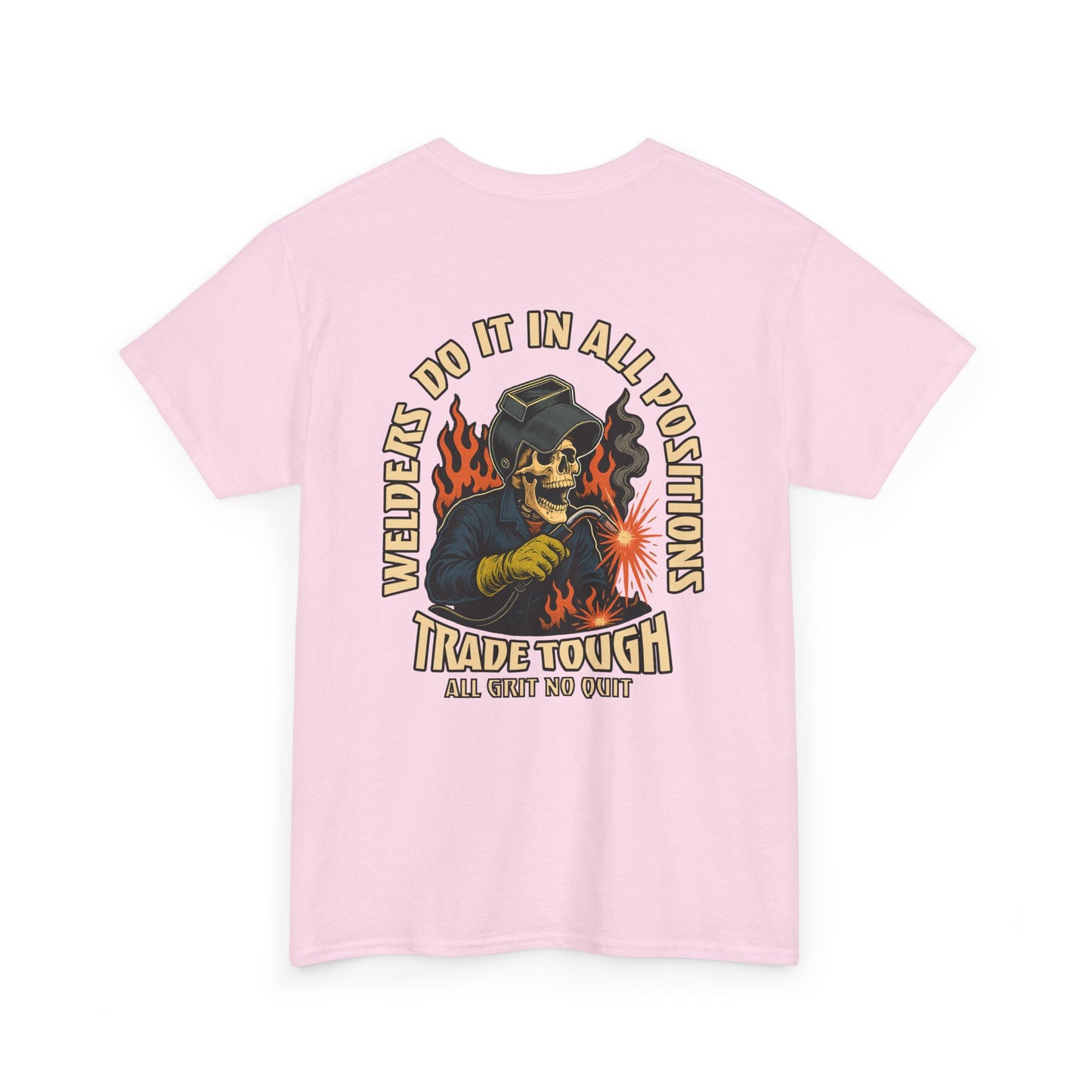 Close-up of welding tee graphic – skeleton with helmet and arc strike torch