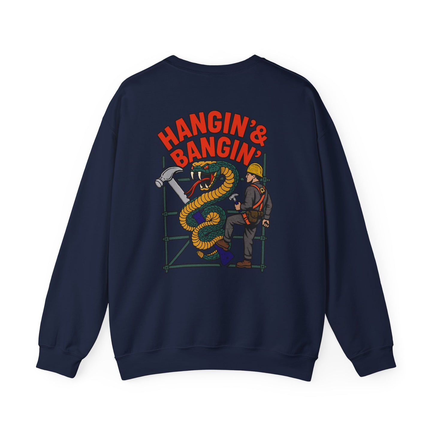 Navy blue sweatshirt with colorful graphic and text 'HANGIN' & BANGIN'' on a white background