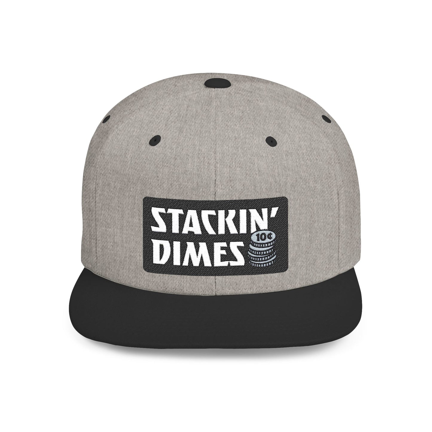 Gray and black cap with 'Stackin Dimes' logo on a white background
