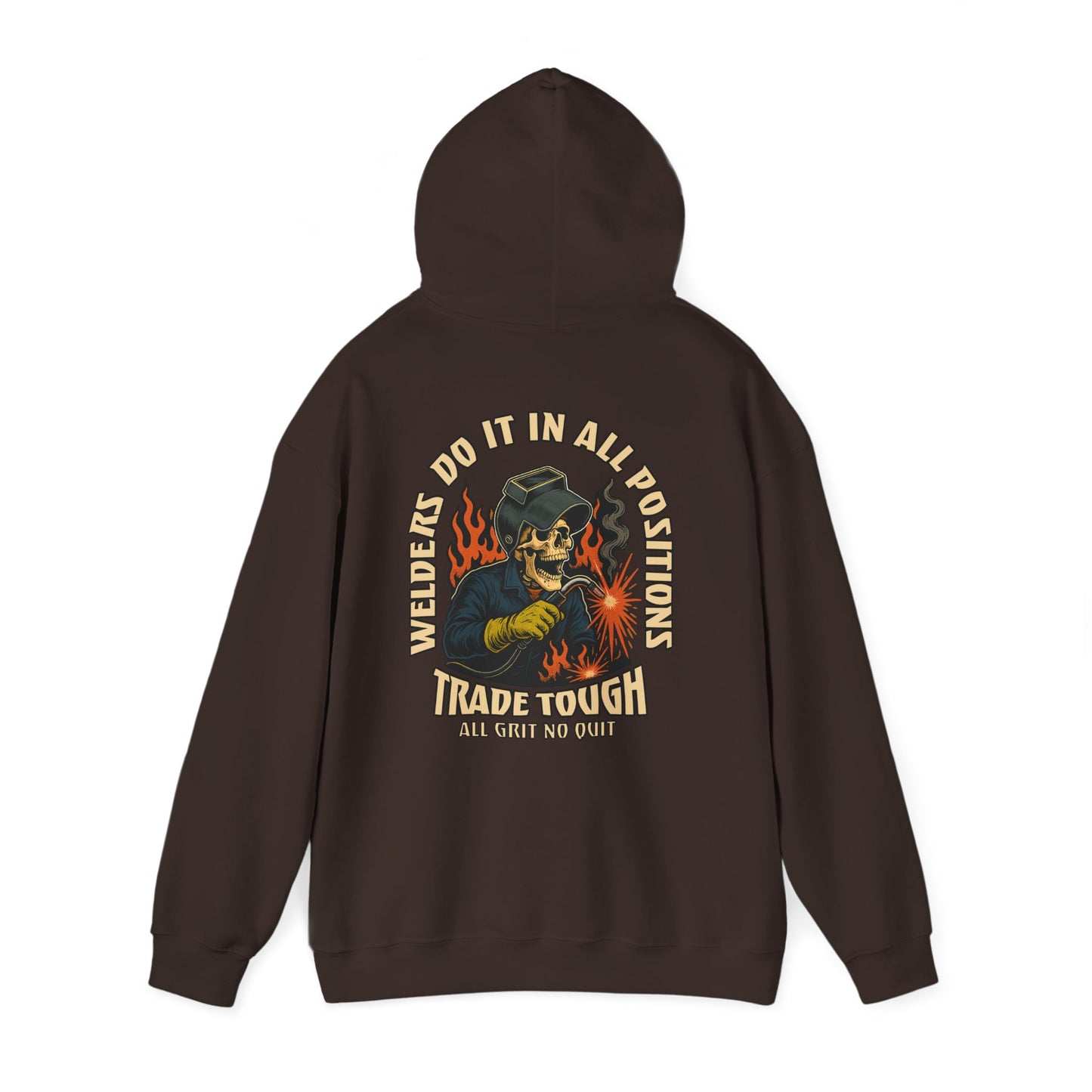 Back view of Gildan hoodie in dark chocolate featuring skeleton welder graphic and bold yellow text