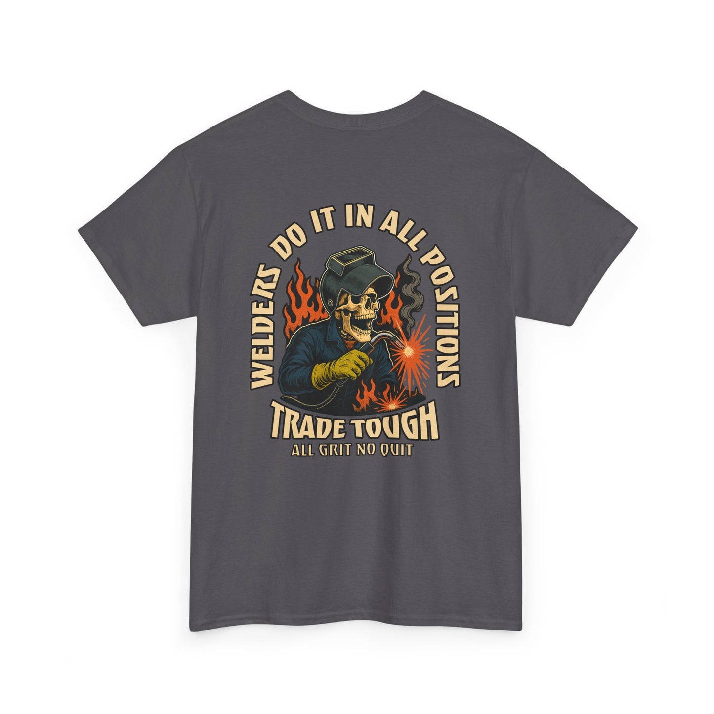 Close-up of welding tee graphic – skeleton with helmet and arc strike torch