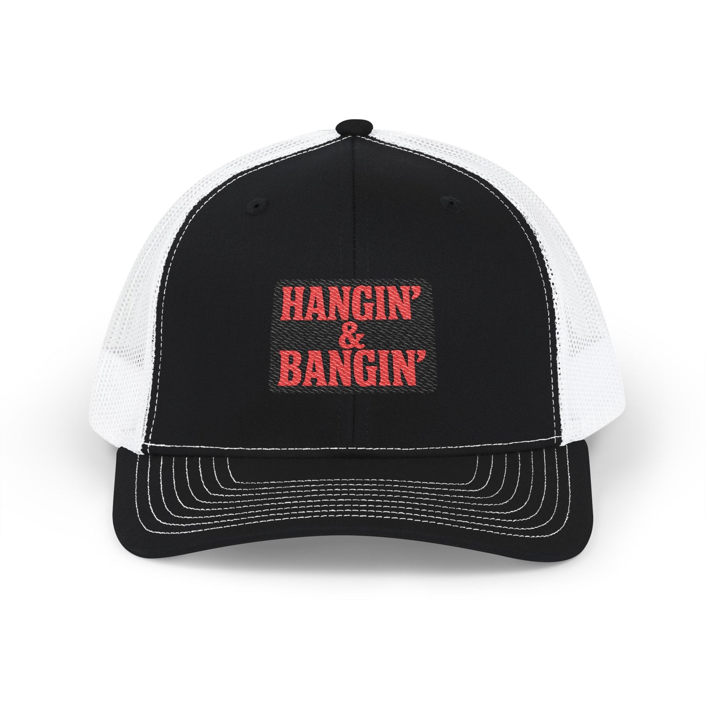 Black and white Richardson 112 hat featuring embroidered Hangin’ & Bangin’ box logo patch – jobsite-ready snapback