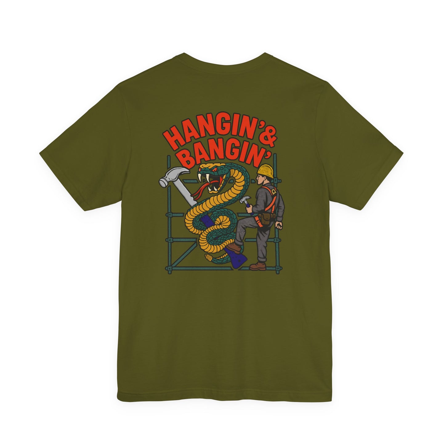 Green t-shirt with graphic design and text 'HANGIN' & BANGIN' on a white background