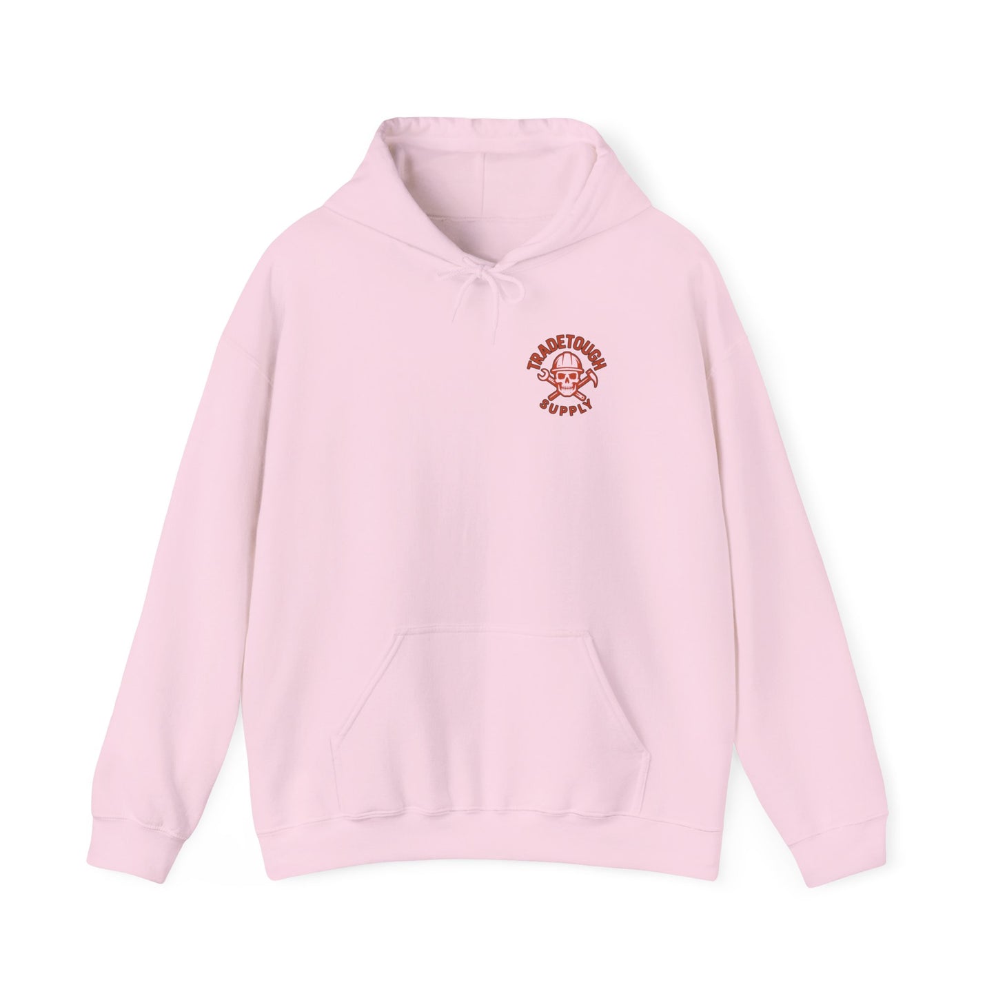 Pink hoodie with a logo on the chest against a white background