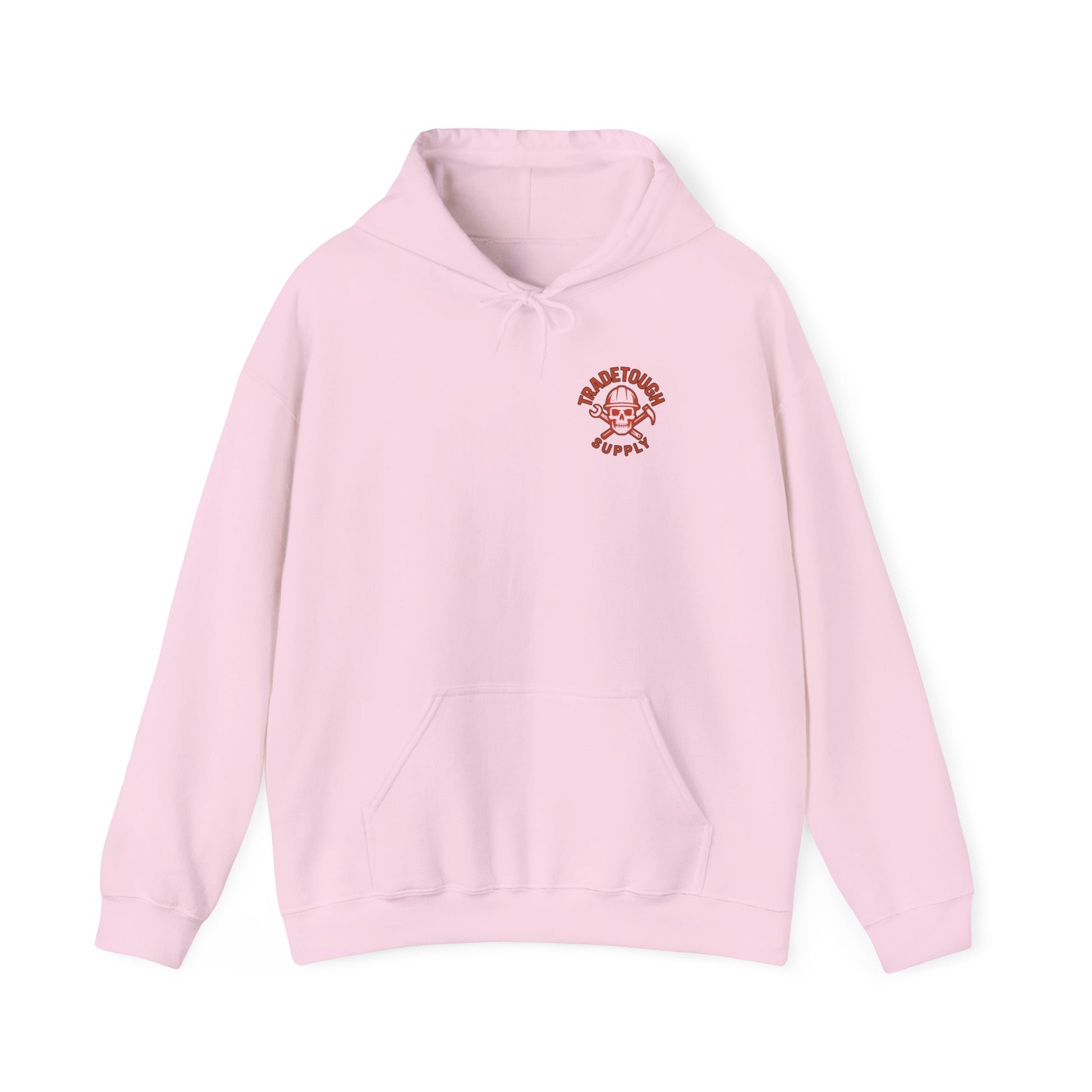 Pink hoodie with a logo on the chest against a white background