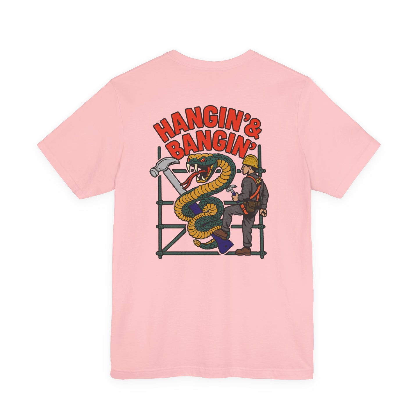 Pink t-shirt with graphic design and text 'Hangin' & Bangin' on a white background