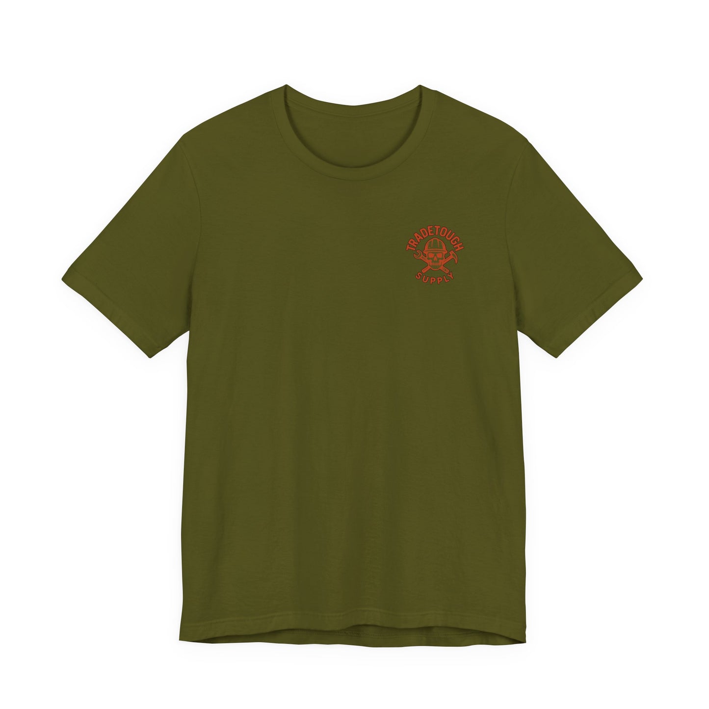 Green t-shirt with a red logo on a white background