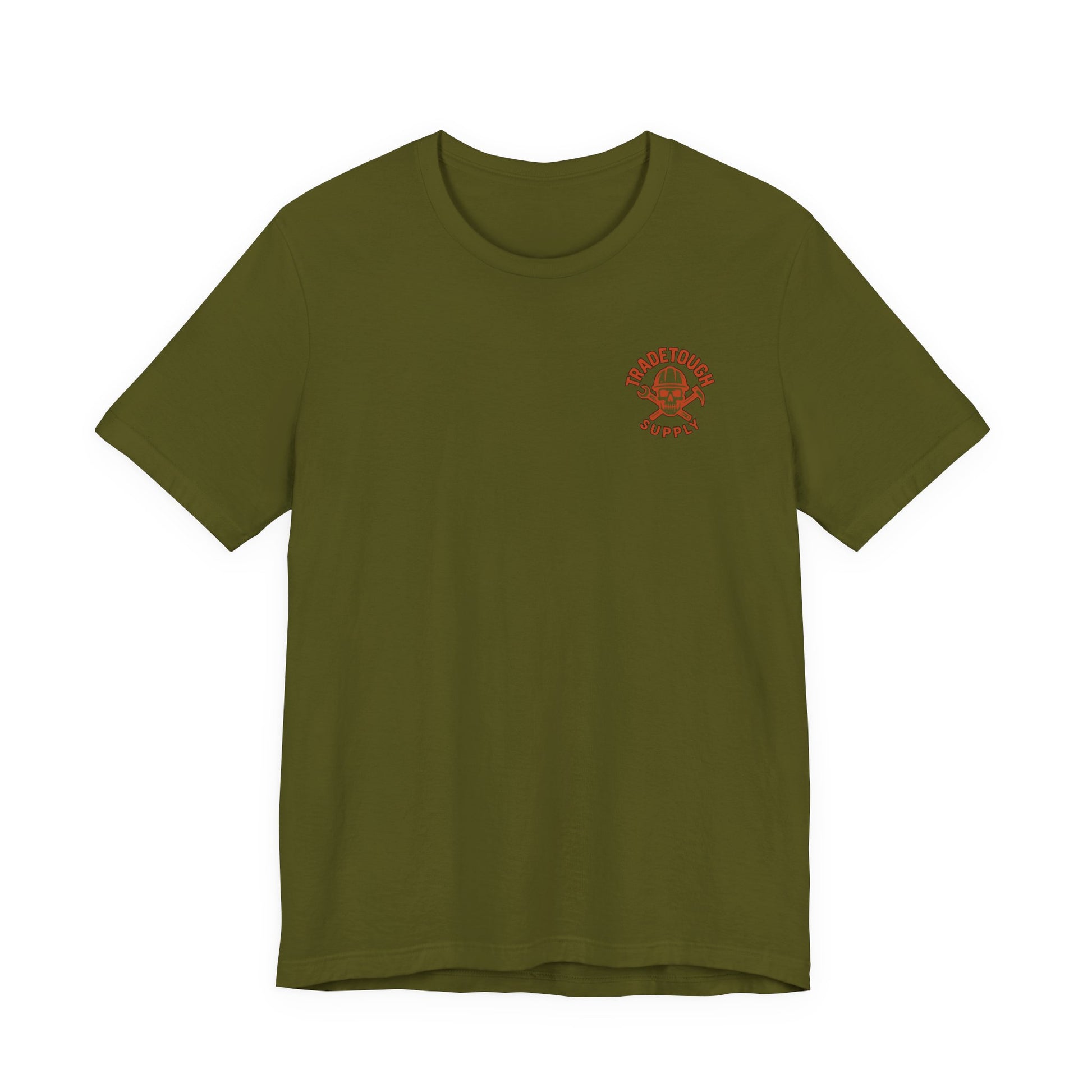 Green t-shirt with a red logo on a white background