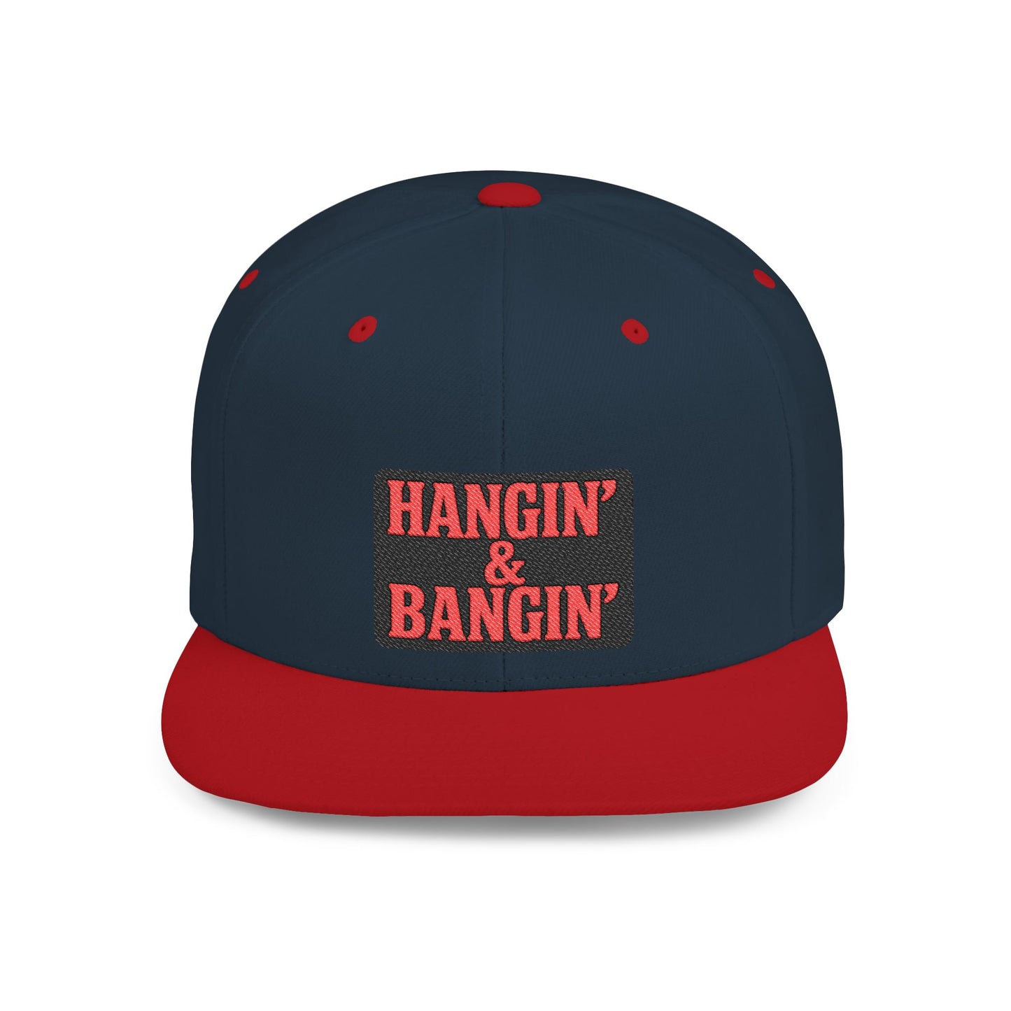 Navy and red cap with 'HANGIN' & BANGIN'' text on a white background