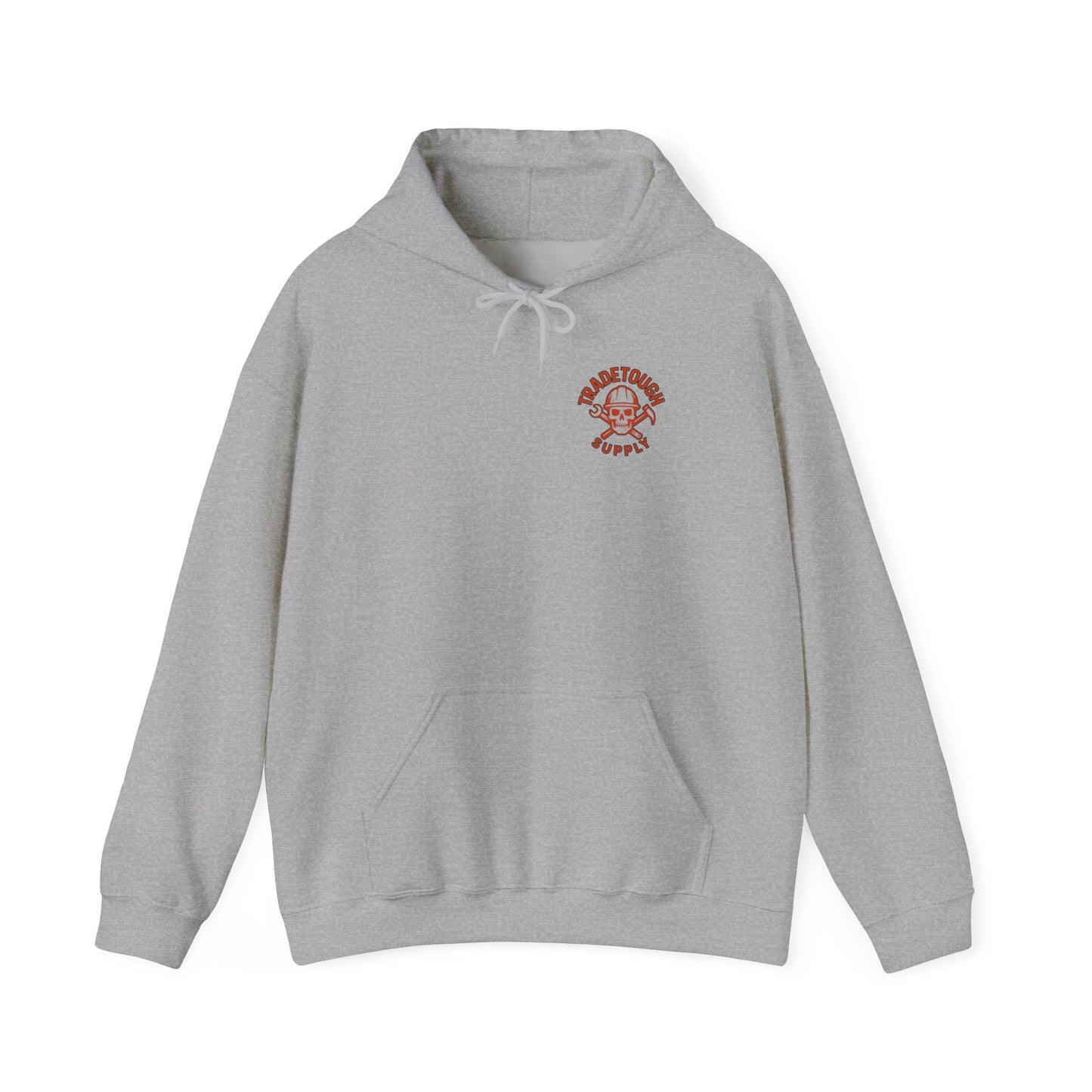 Gray hoodie with a red logo on a white background