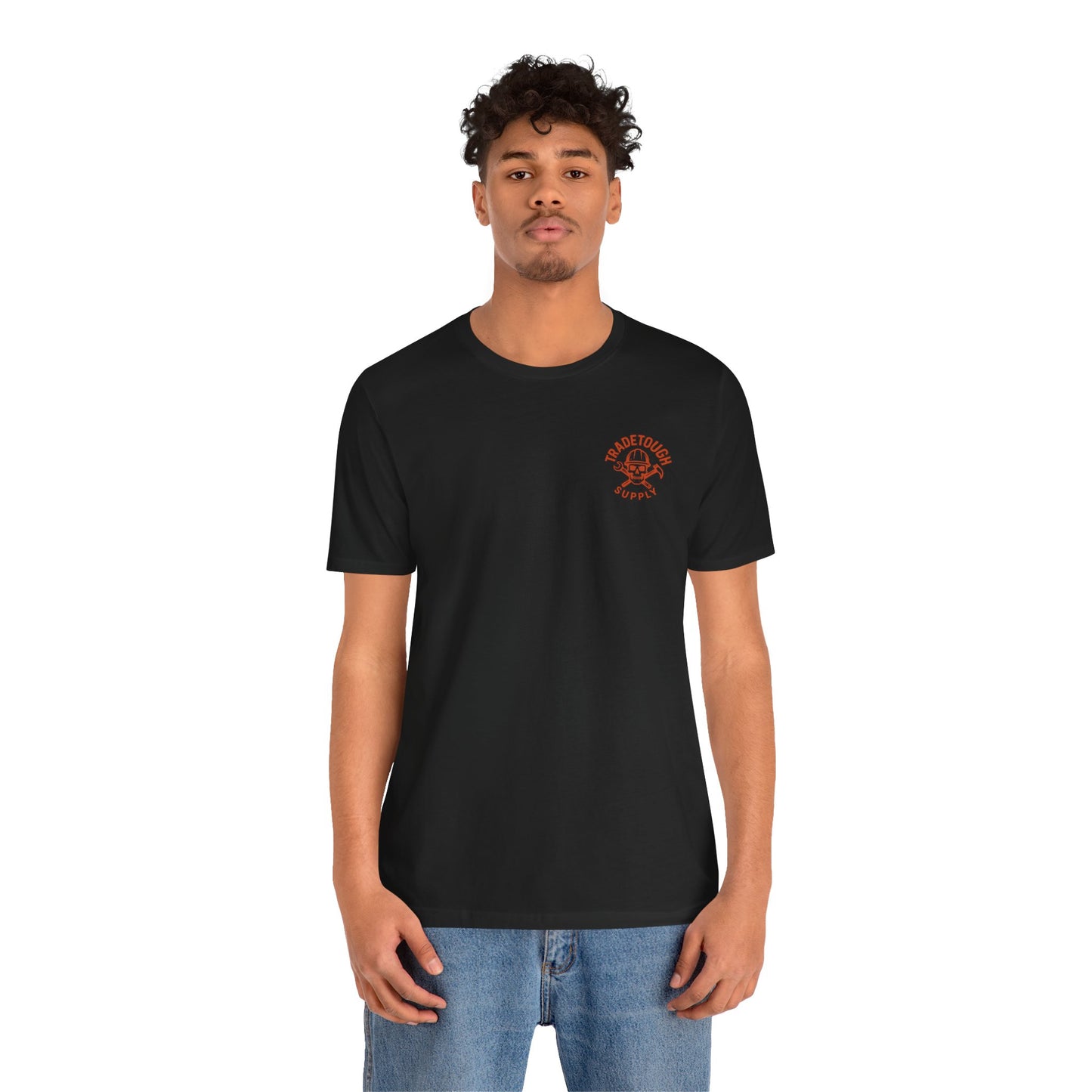 Person wearing a black t-shirt with a logo on a white background
