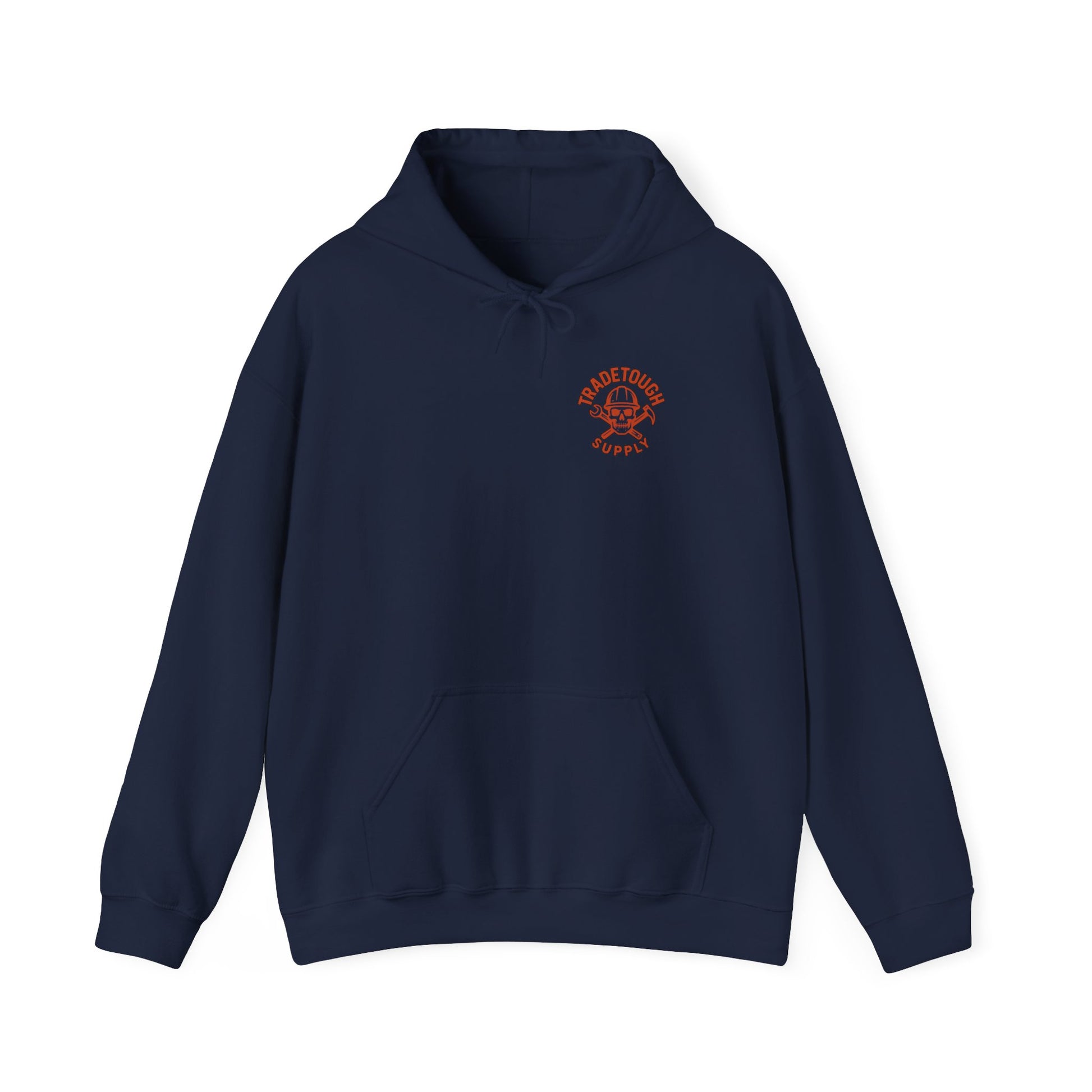 Navy blue hoodie with a red logo on a white background