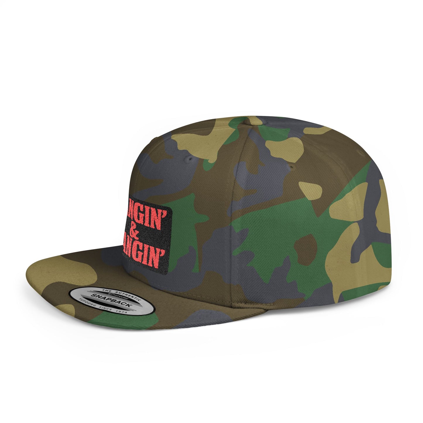 Camouflage cap with a brand logo on a white background