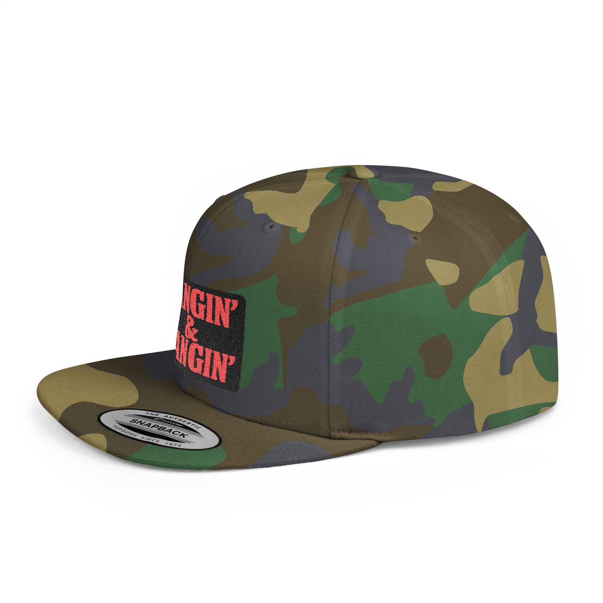 Camouflage cap with a brand logo on a white background
