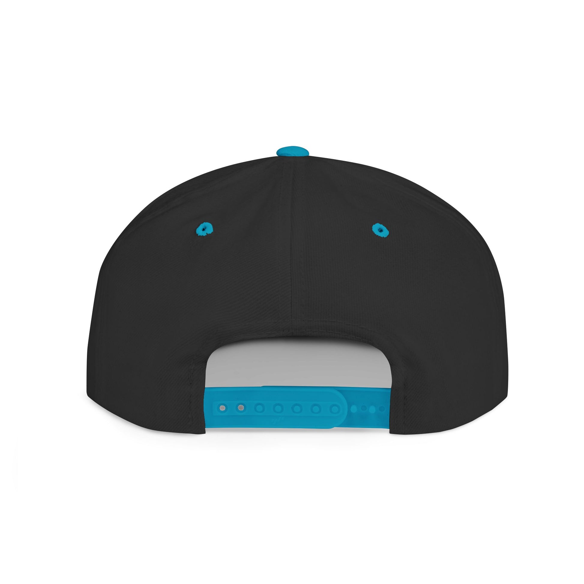 Black cap with blue accents on a white background
