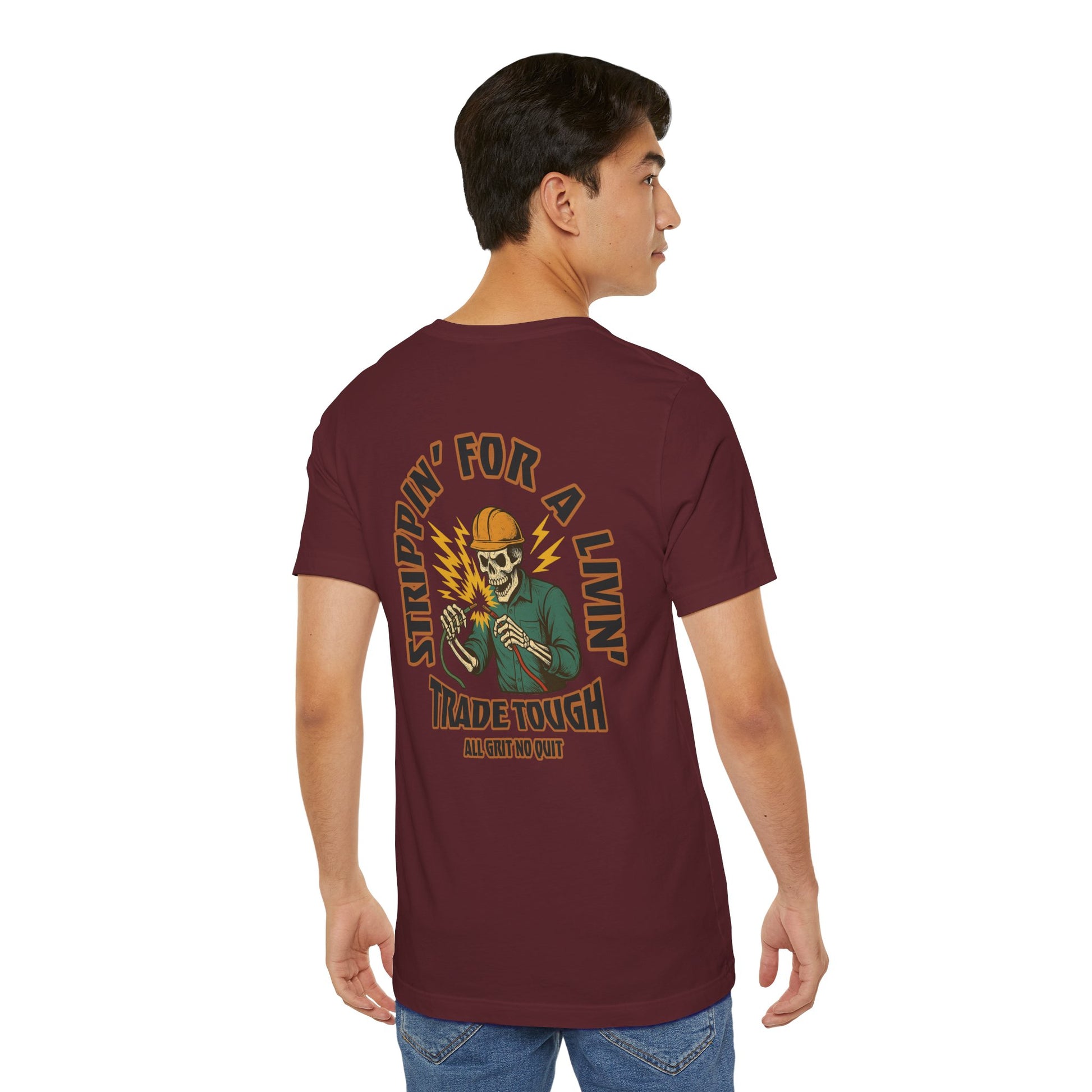 Man wearing a maroon t-shirt with a graphic design on the back, standing against a white background