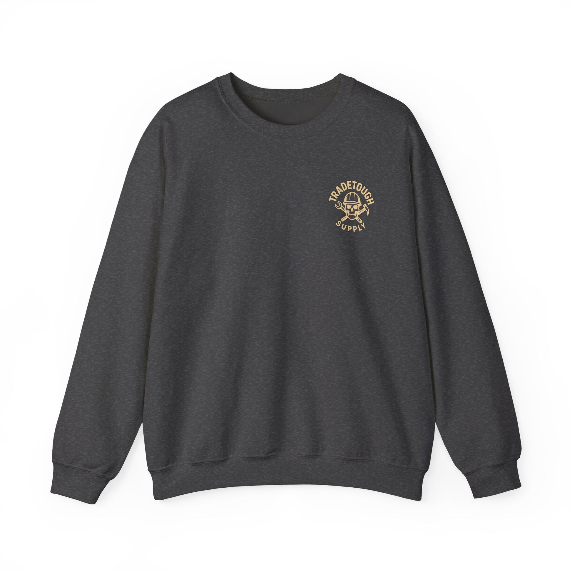 Dark gray sweatshirt with a logo on the chest against a white background