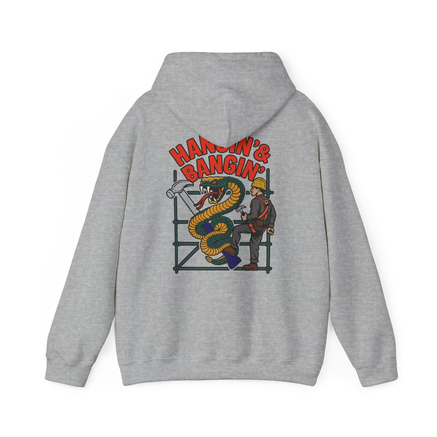 Gray hoodie with a colorful graphic on the back featuring text and a snake.