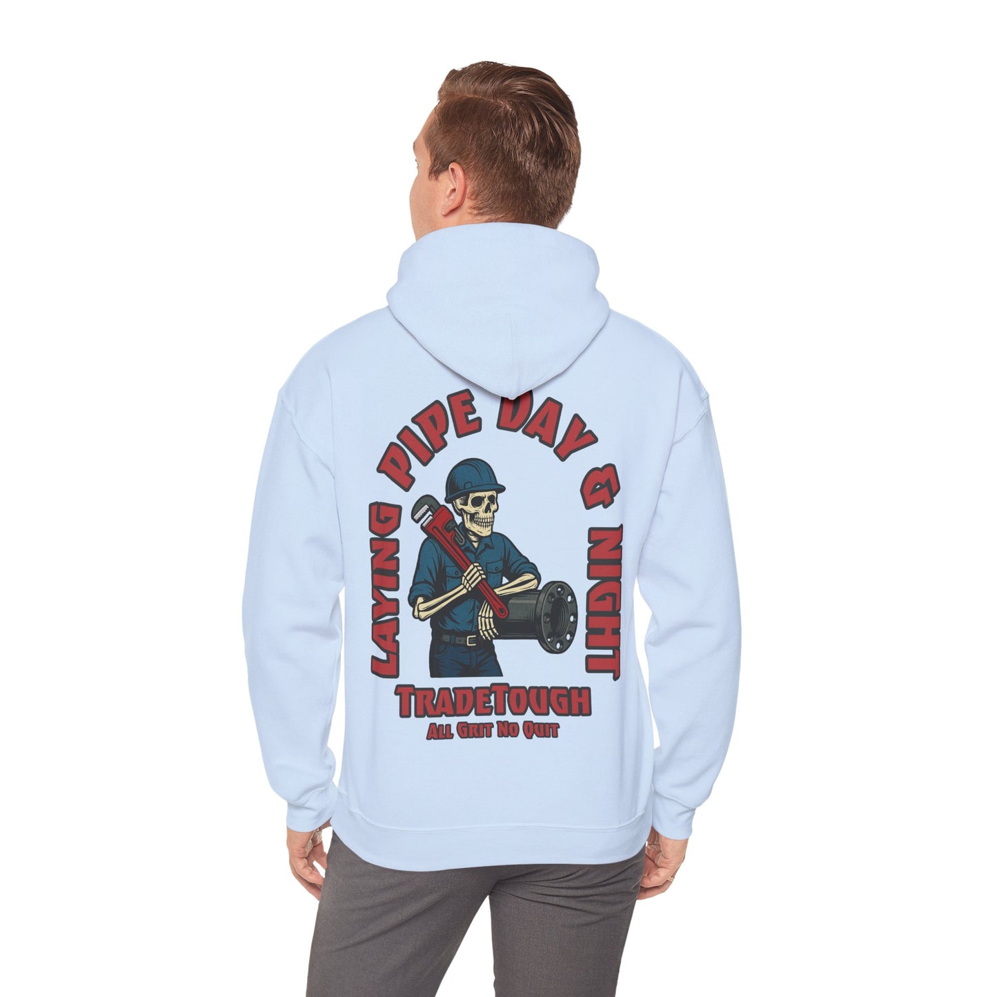 Light blue hoodie with a graphic design on the back, worn by a person.