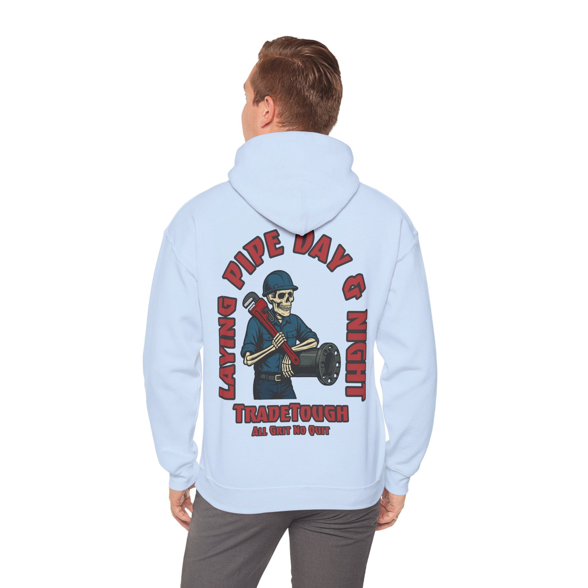 Light blue hoodie with a graphic design on the back, worn by a person.