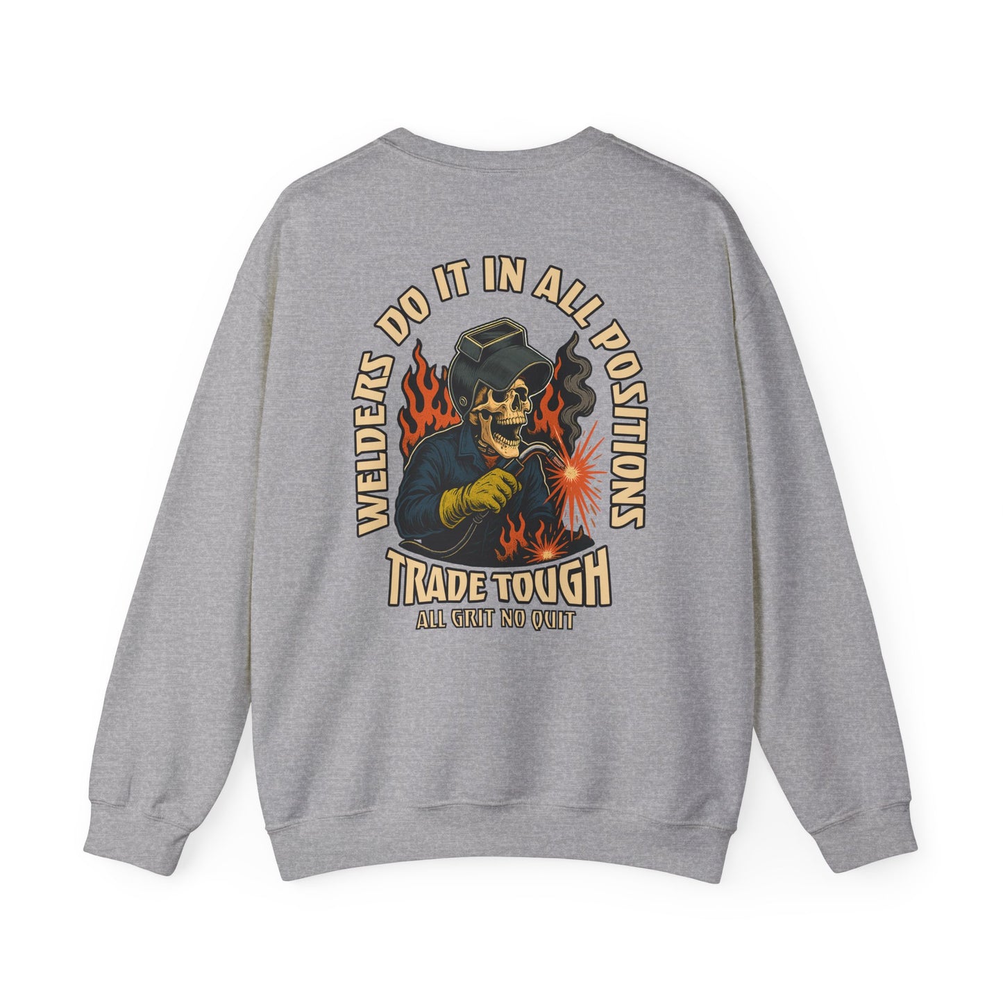 Back design of the crewneck includes a skeleton in welding gloves and helmet with torch sparks

