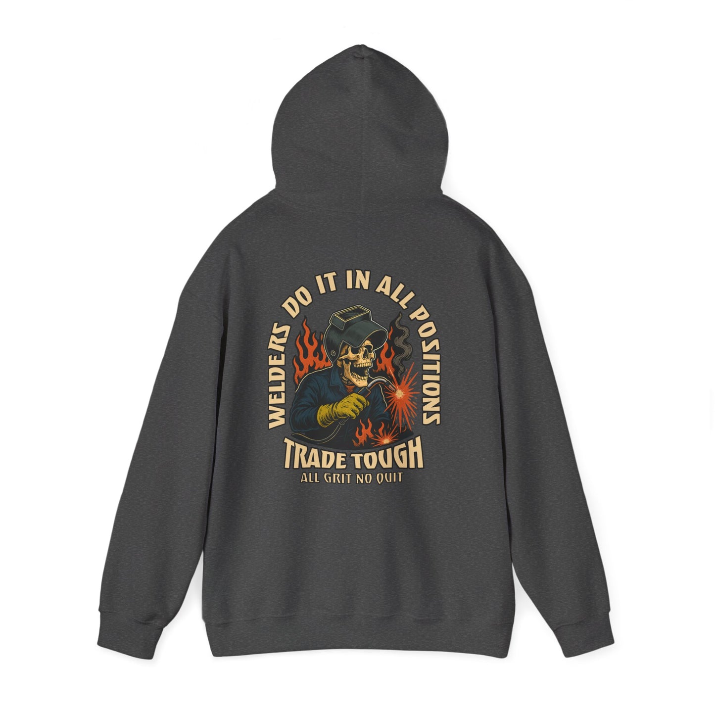 TradeTough hoodie for blue collar lifestyle – loud back print with flames and grit

