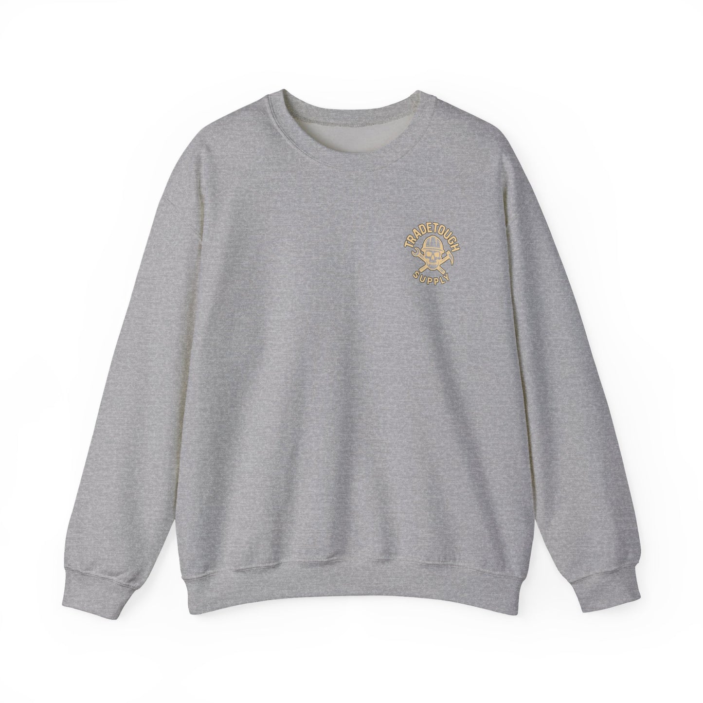 Gray sweatshirt with a logo on the chest against a white background