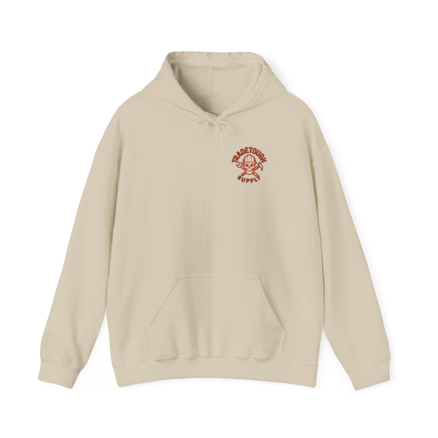 Beige hoodie with a red logo on a white background