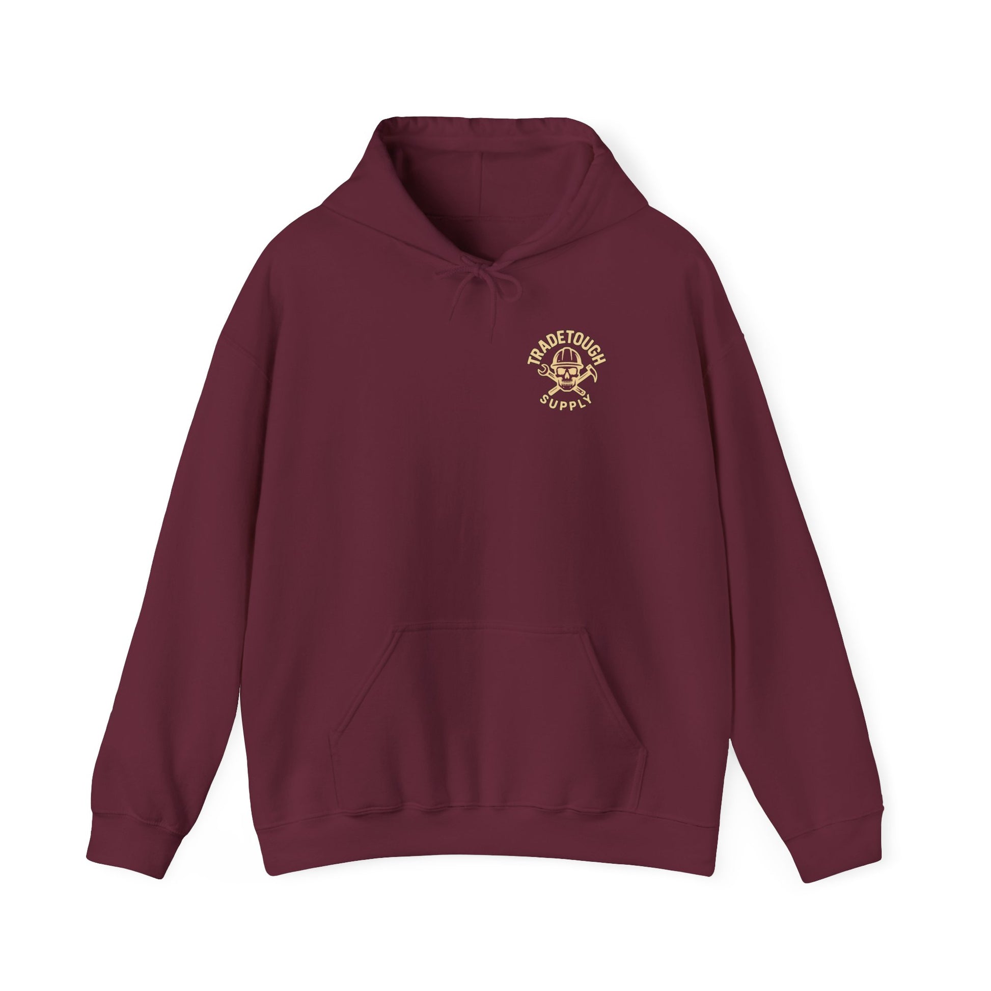 Maroon Gildan hoodie for welders – features bold text and skull torch art

