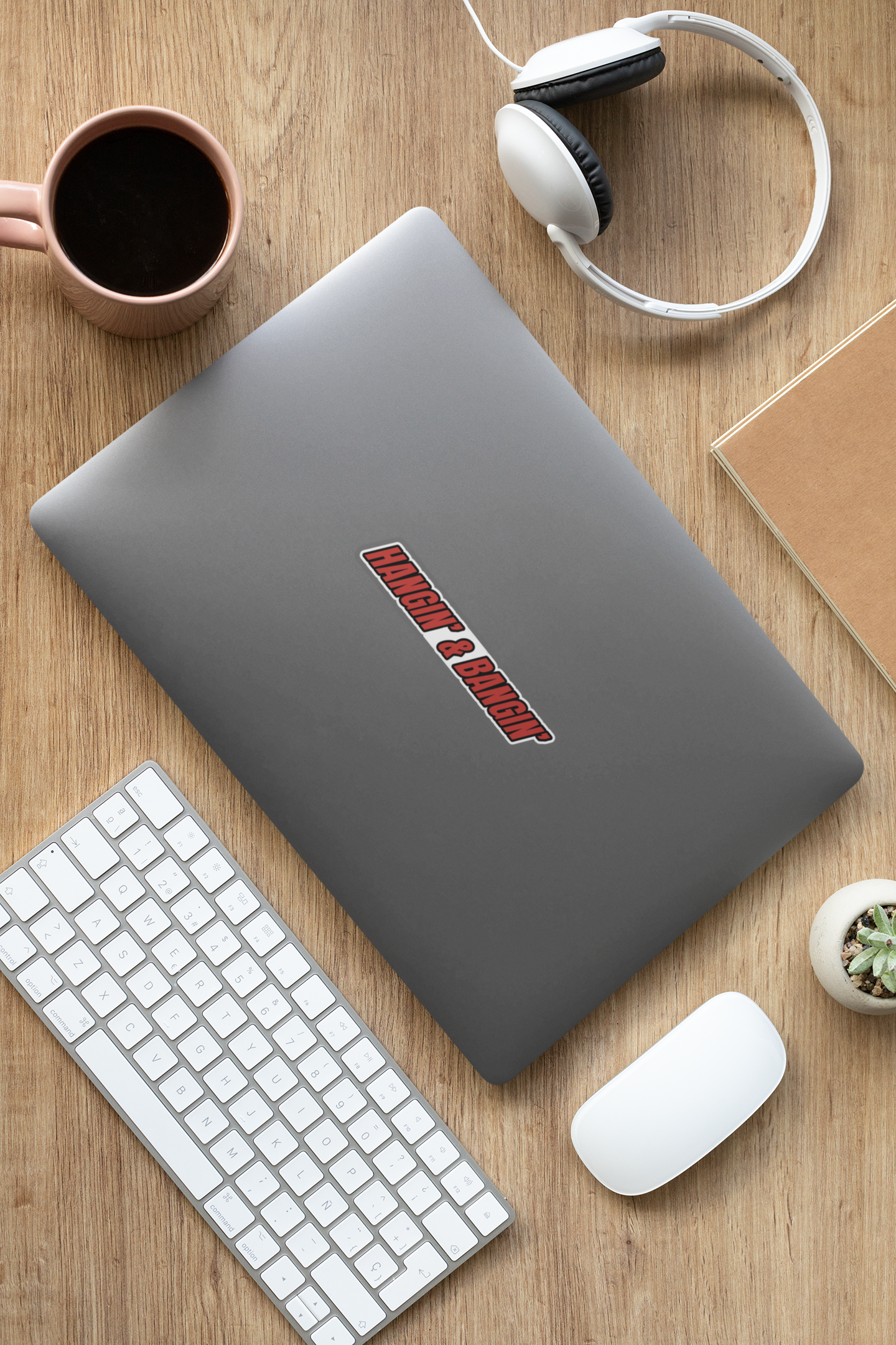 Horizontal vinyl sticker with red Hangin’ & Bangin’ text – durable decal for hardhats and toolboxes