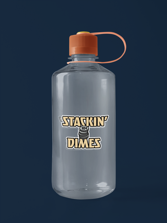 Stackin’ Dimes sticker applied to a clear plastic water bottle with orange cap – bold vinyl decal for welders

