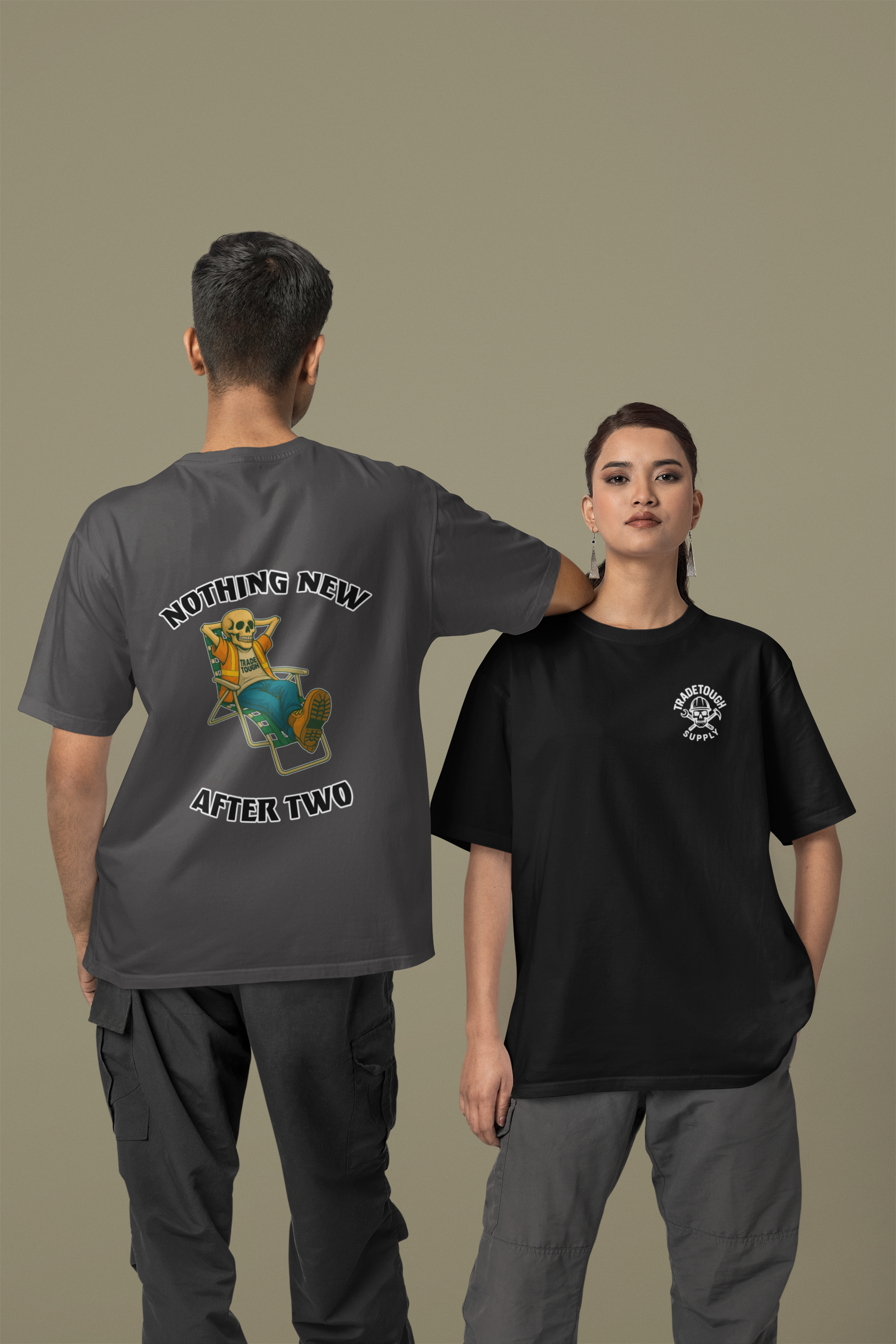 Two people wearing t-shirts with 'Nothing New After Two' design on a beige background